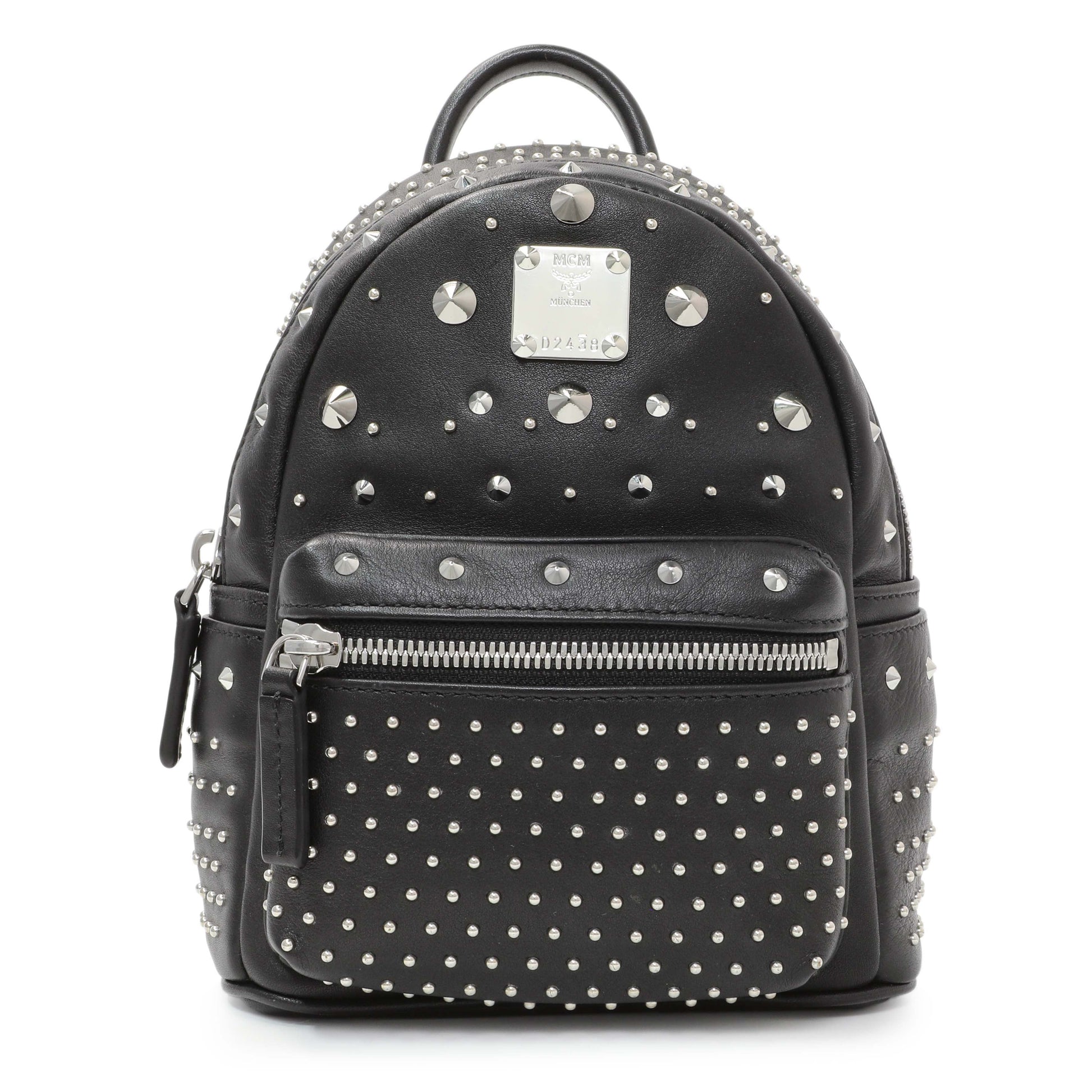 Exclusive MCM Black Metallic Calfskin Stud X-Mini Stark Bebe Boo Backpack — Front View