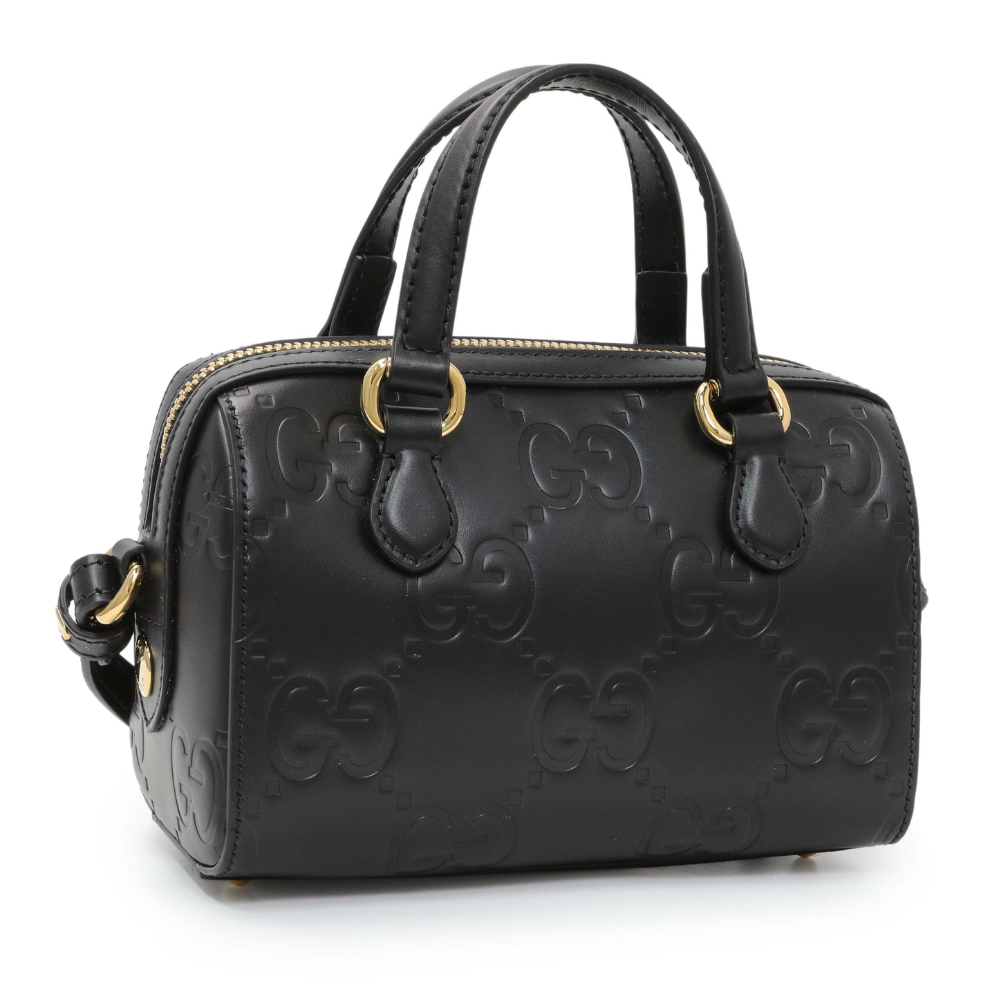 Exclusive Gucci Black Calfskin Jumbo GG Embossed Super Mini Top Handle Bowler Bag — Side View