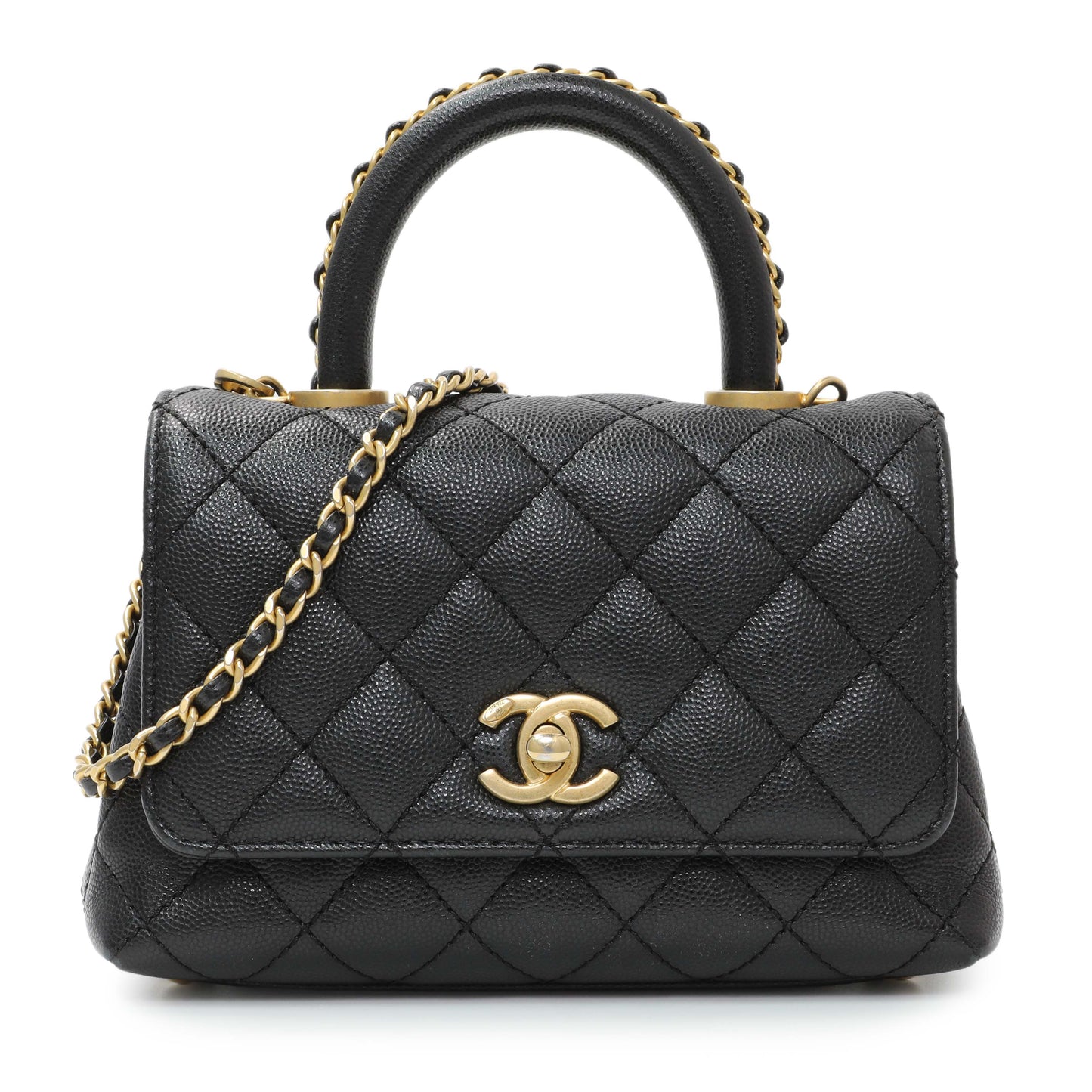 Exclusive Chanel Black Caviar Quilted Extra Mini Coco Handle — Front View