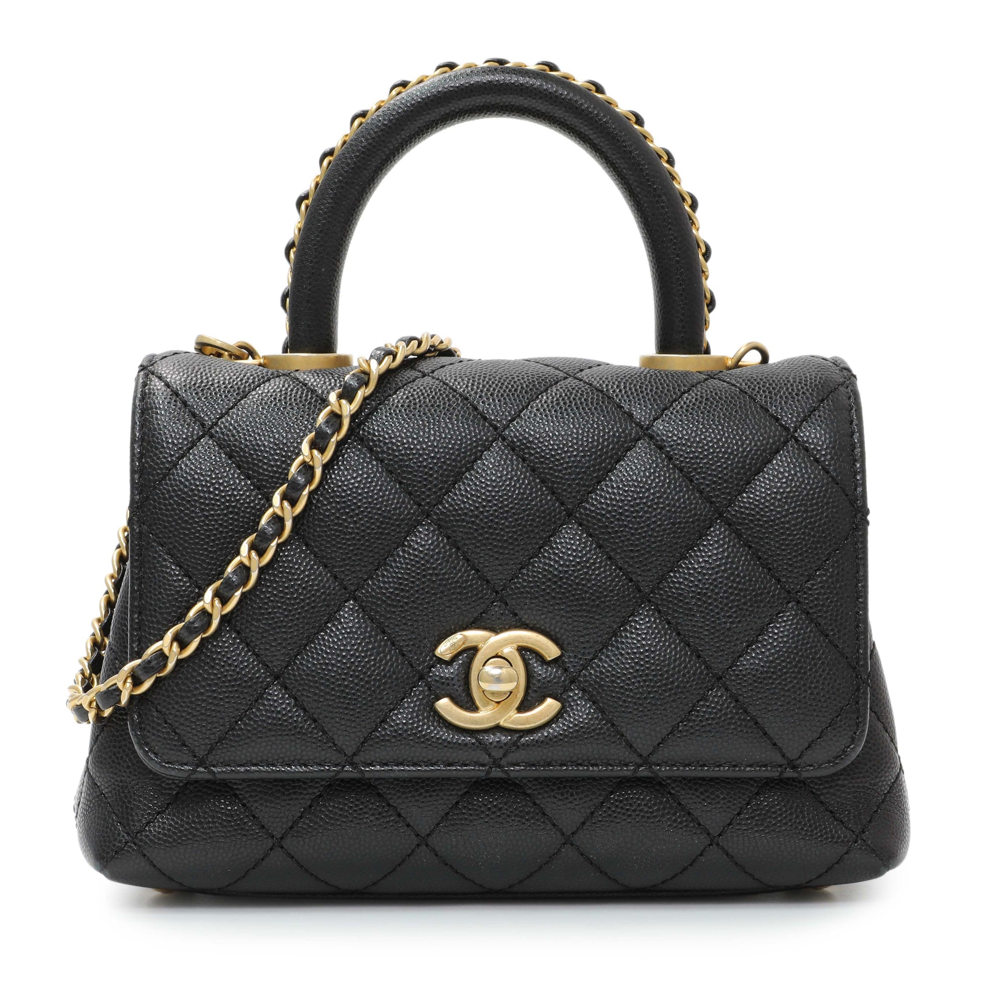 Exclusive Chanel Black Caviar Quilted Extra Mini Coco Handle — Front View