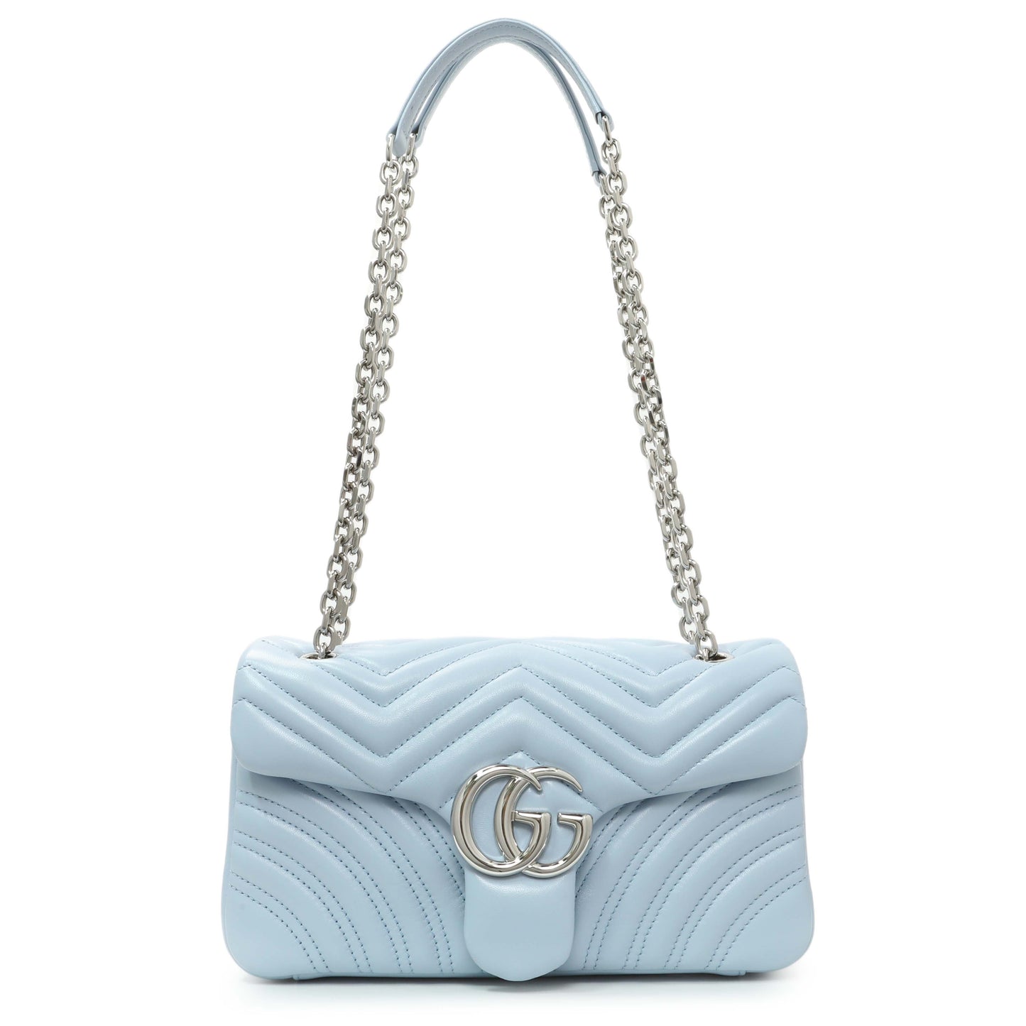 Exclusive Gucci Light Blue Calfskin Matelasse Medium GG Marmont Shoulder Bag — Front View