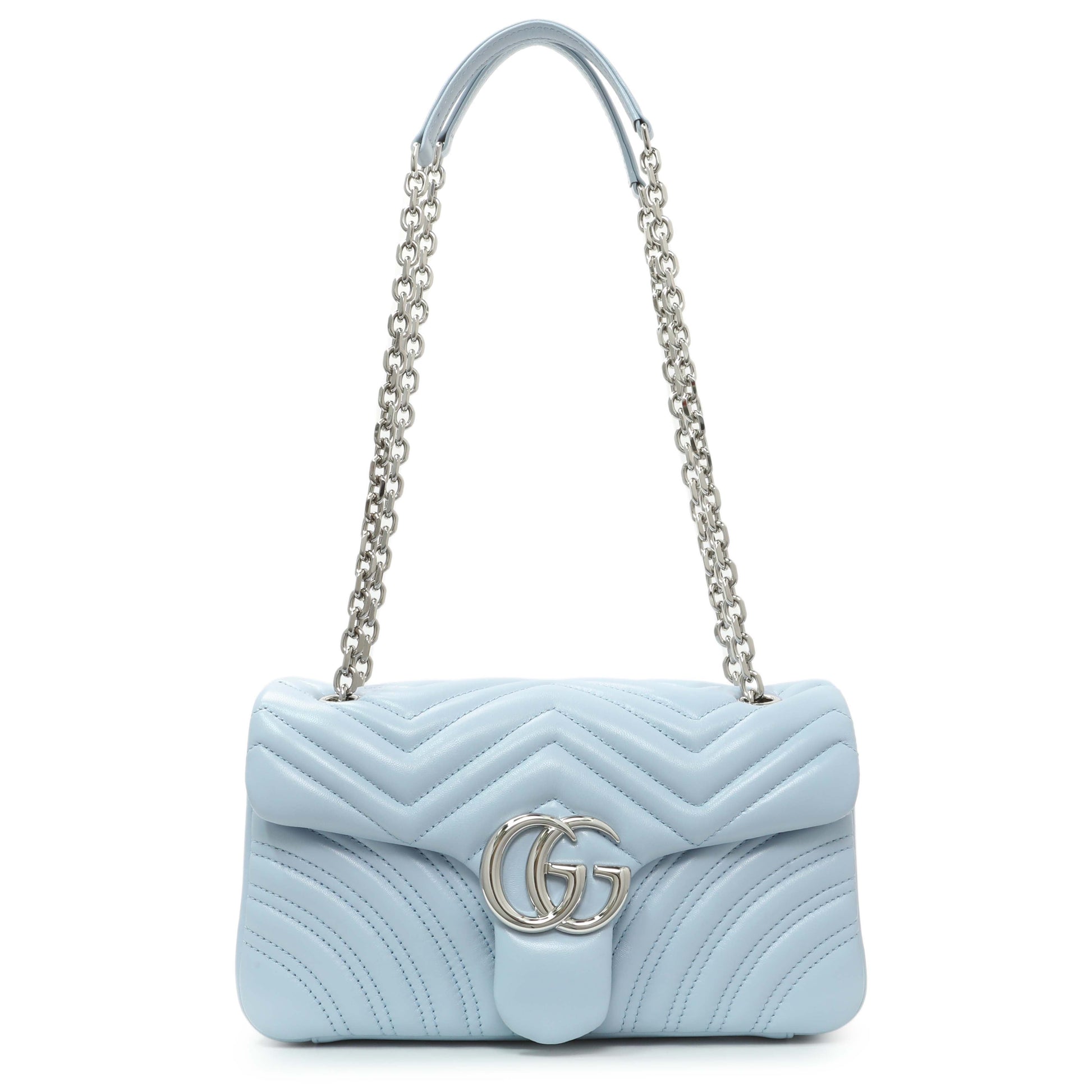 Exclusive Gucci Light Blue Calfskin Matelasse Medium GG Marmont Shoulder Bag — Front View