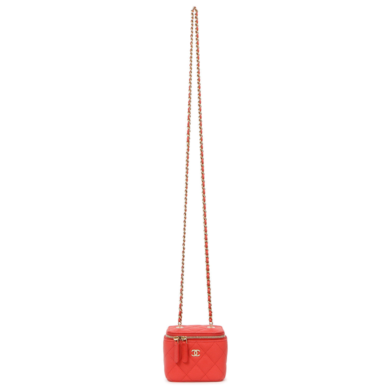 Exclusive Chanel Orange Caviar Mini Vanity Case With Chain — Front View