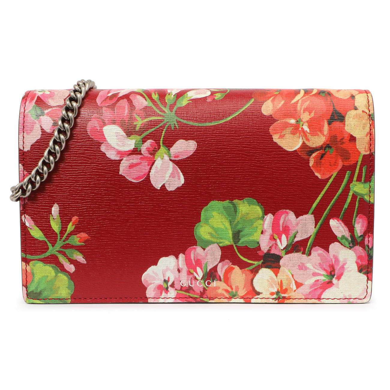 Exclusive Gucci Cherry Calfskin Blooms Print Chain Wallet — Back View