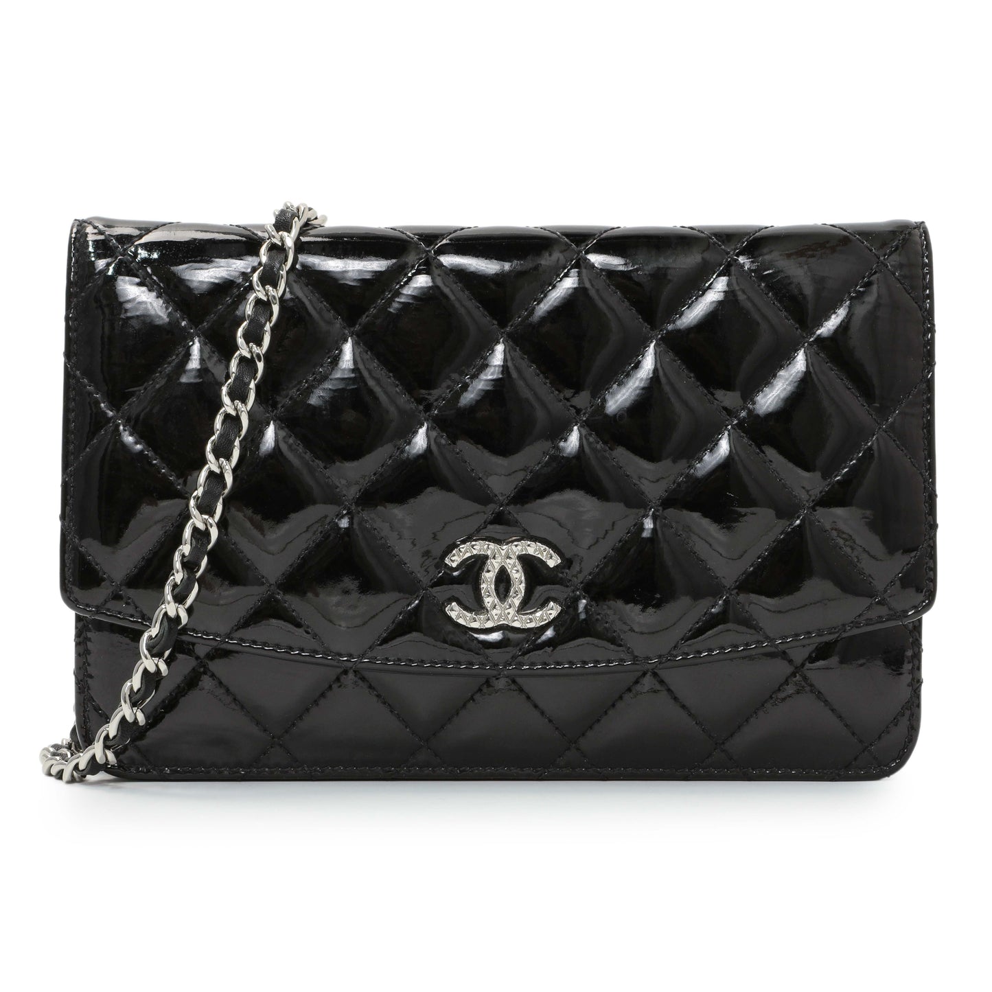 Exclusive Chanel Black Quilted Patent Brilliant Wallet On Chain WOC — Front View