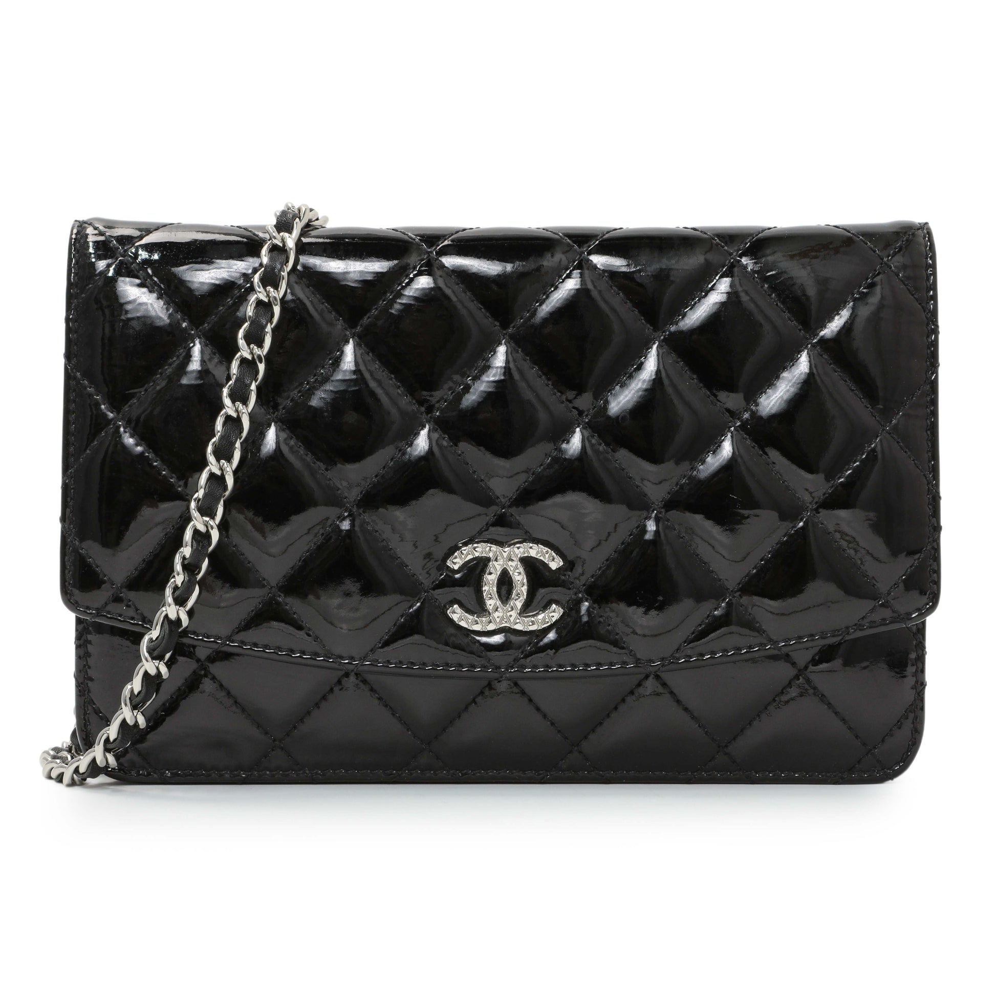 Exclusive Chanel Black Quilted Patent Brilliant Wallet On Chain WOC — Front View
