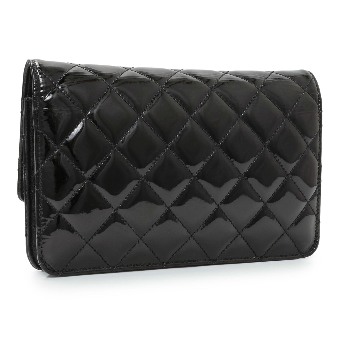Exclusive Chanel Black Quilted Patent Brilliant Wallet On Chain WOC — Side View