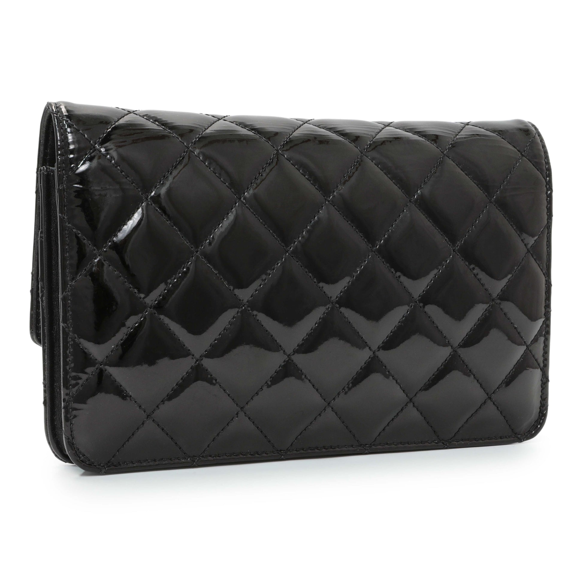 Exclusive Chanel Black Quilted Patent Brilliant Wallet On Chain WOC — Side View