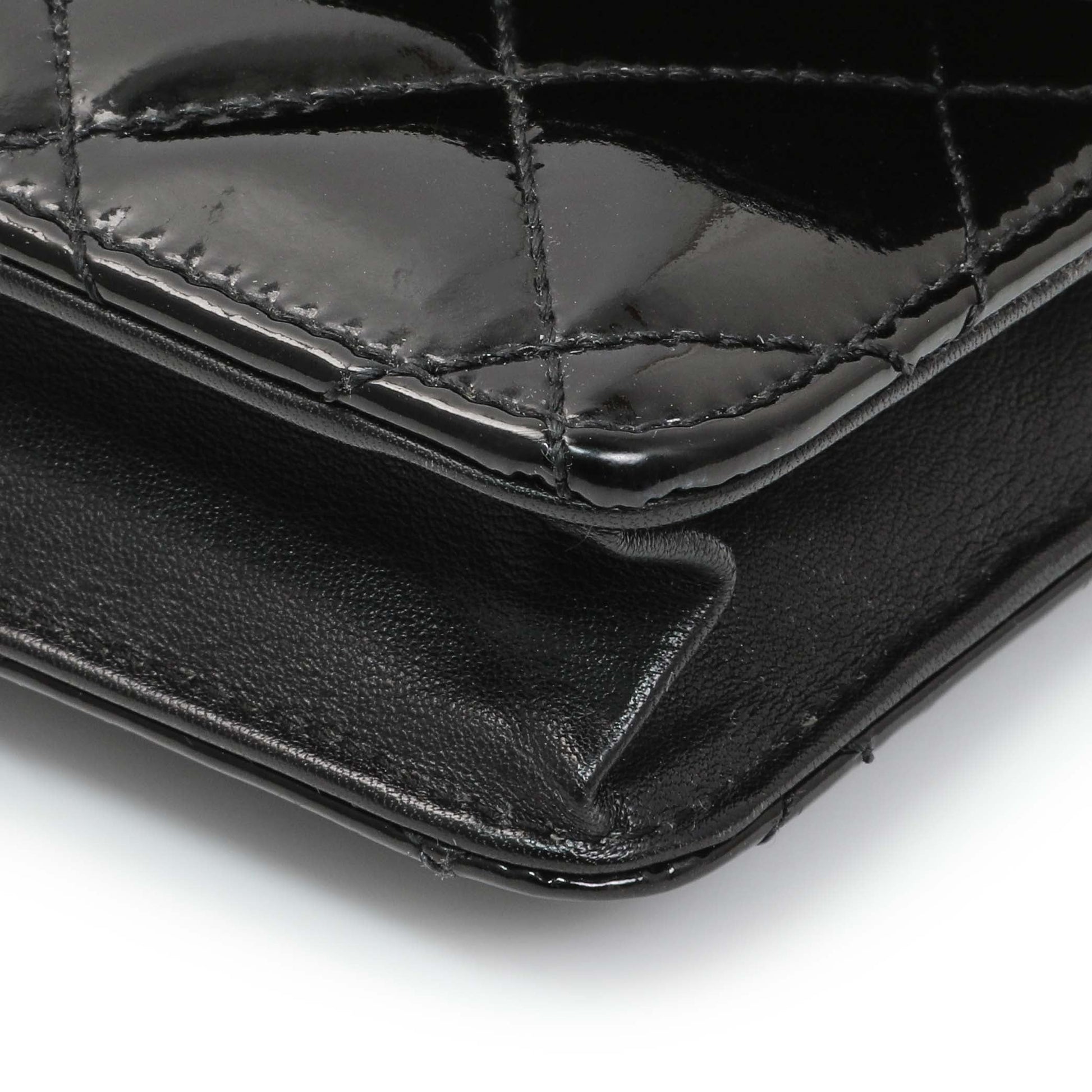 Exclusive Chanel Black Quilted Patent Brilliant Wallet On Chain WOC — Detail View