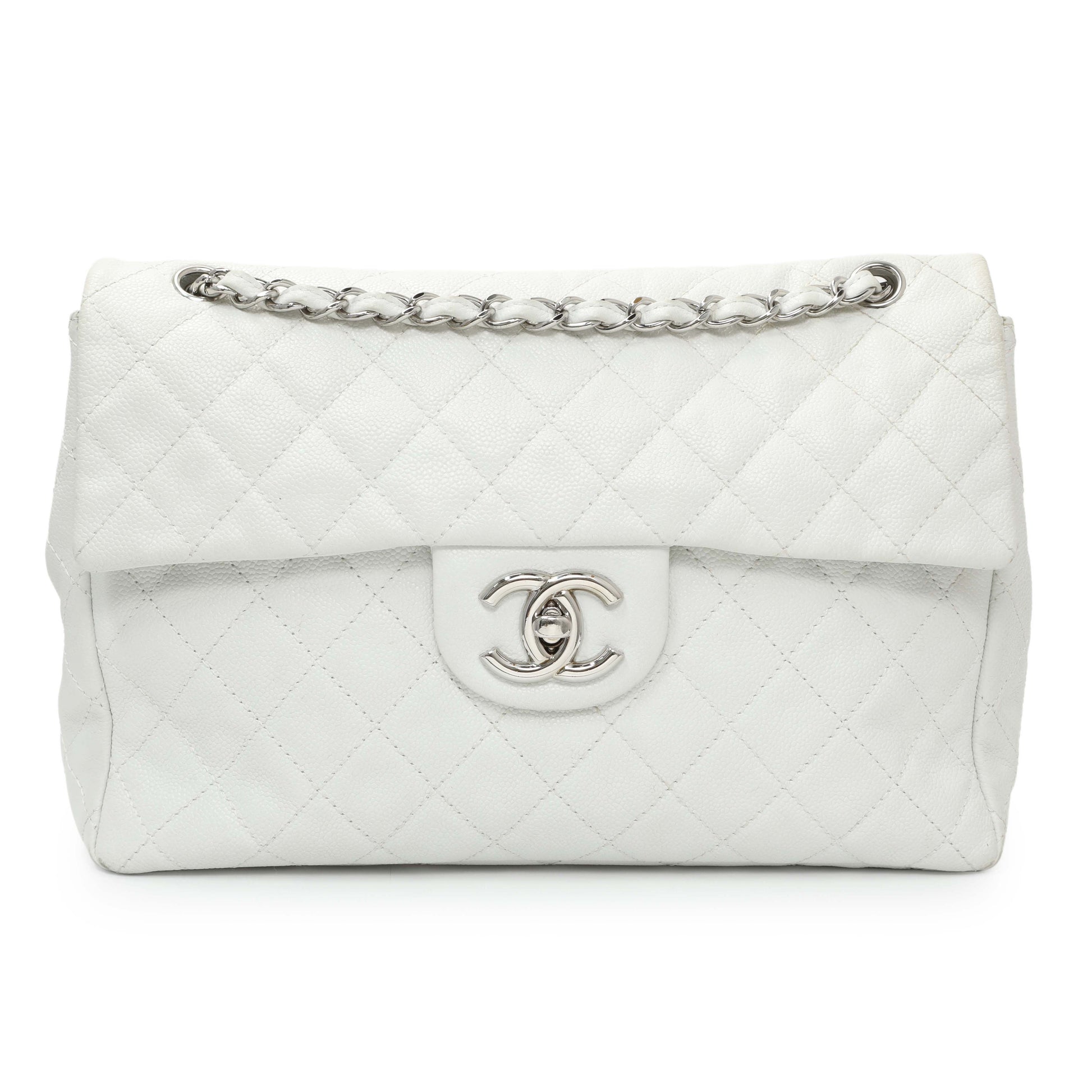 Exclusive Chanel White Quilted Caviar Maxi Single Flap — Front View