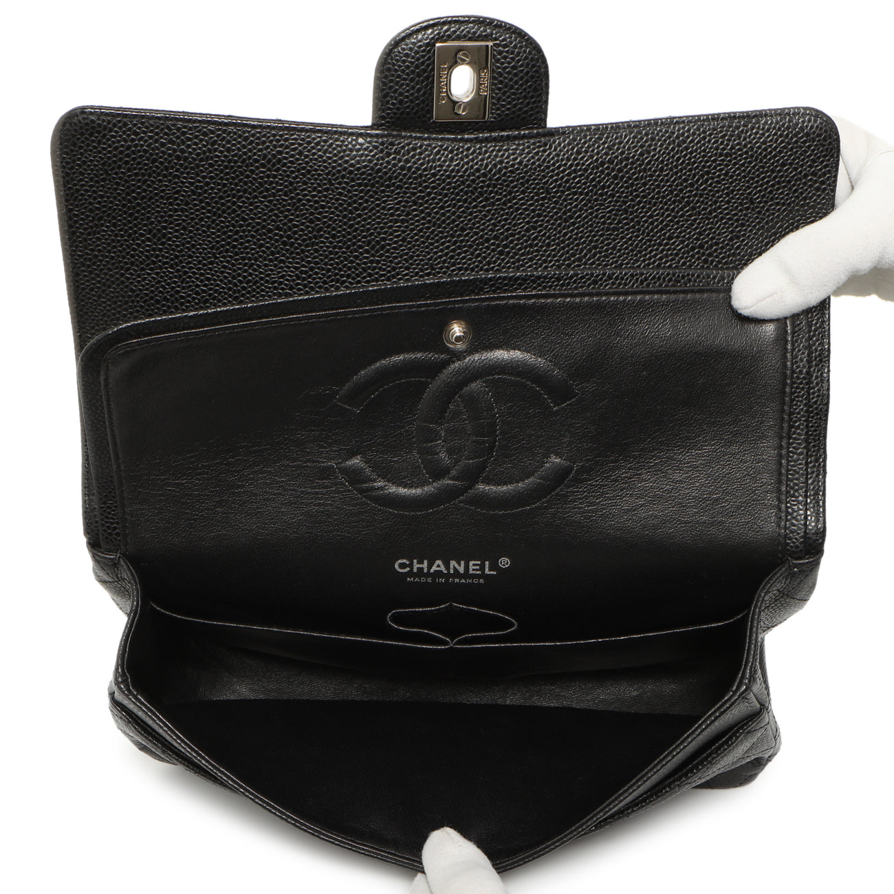 Exclusive Chanel Black Quilted Caviar Medium Classic Double Flap — Back View