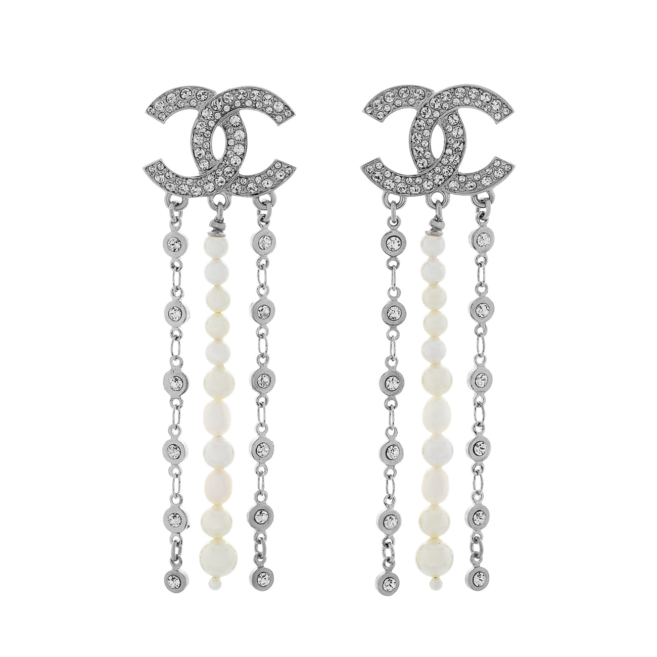Exclusive Chanel CC Pearl Crystal Drop Earrings — Front View
