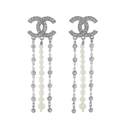 Exclusive Chanel CC Pearl Crystal Drop Earrings — Front View