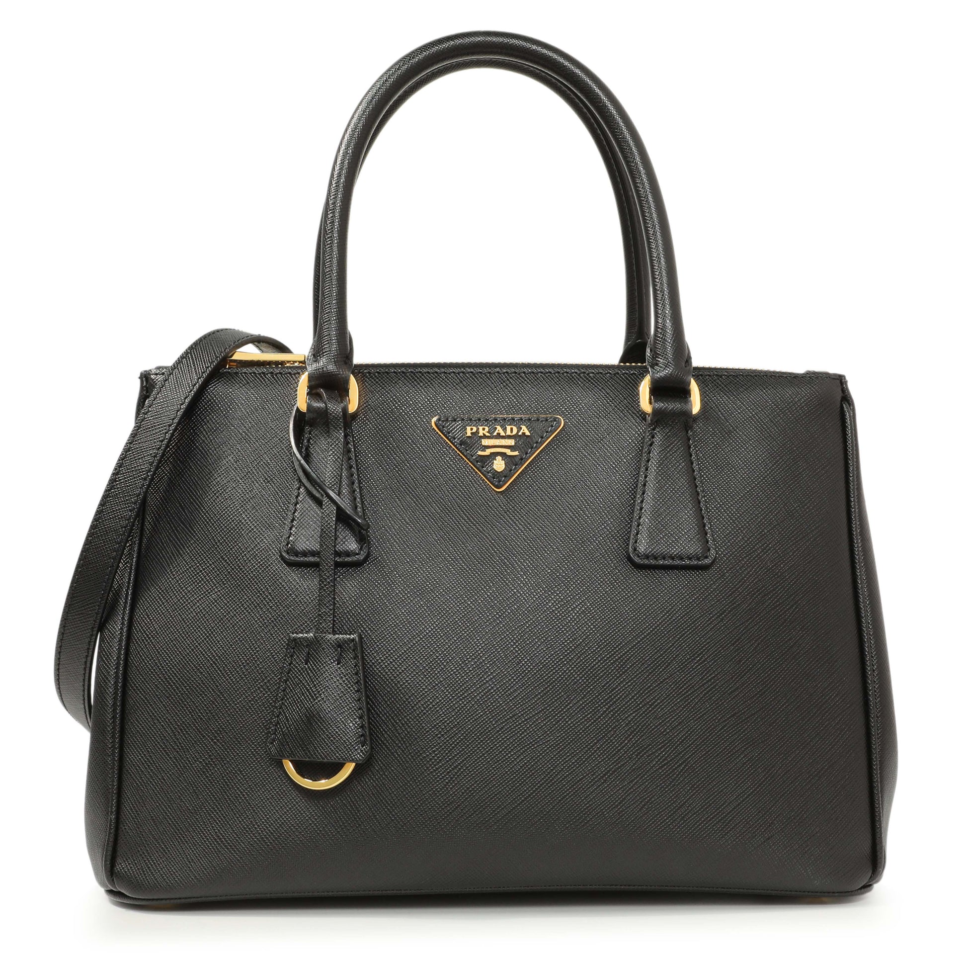 Exclusive Prada Black Saffiano Small Galleria Double Zip Tote — Front View