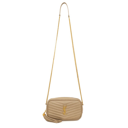 Exclusive Saint Laurent Dark Beige Grain De Poudre Matelasse Monogram Mini Lou Camera Bag — Front View