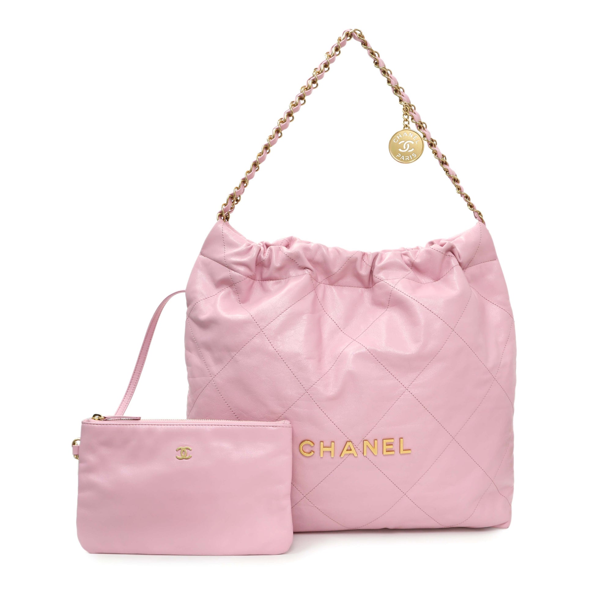Exclusive Chanel Pink Shiny Calfskin Large Chanel 22 — Front View