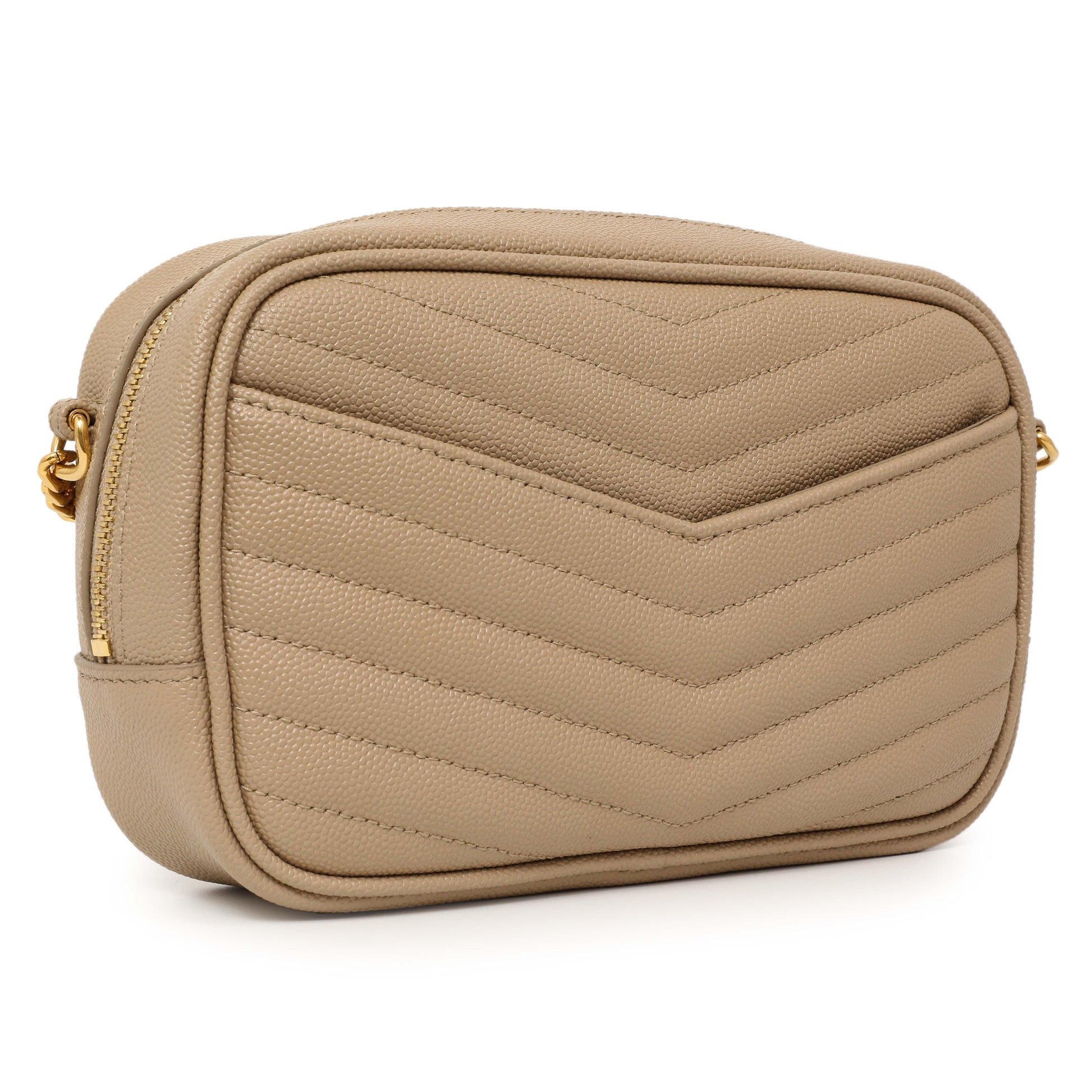 Exclusive Saint Laurent Dark Beige Grain De Poudre Matelasse Monogram Mini Lou Camera Bag — Back View
