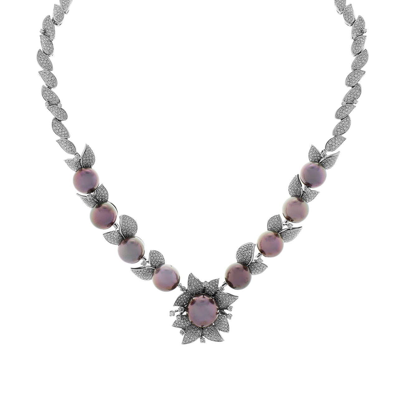Exclusive 18K White Gold Tahitian Pearl Blossom Diamond Necklace — Front View
