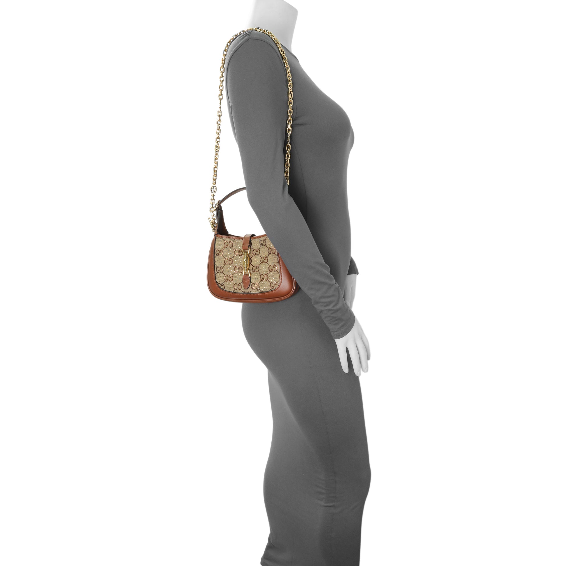 Exclusive Gucci Camel Ebony New Canvas Charisma Calfskin Crystal GG Monogram Mini Jackie 1961 Hobo — Alternate View 7