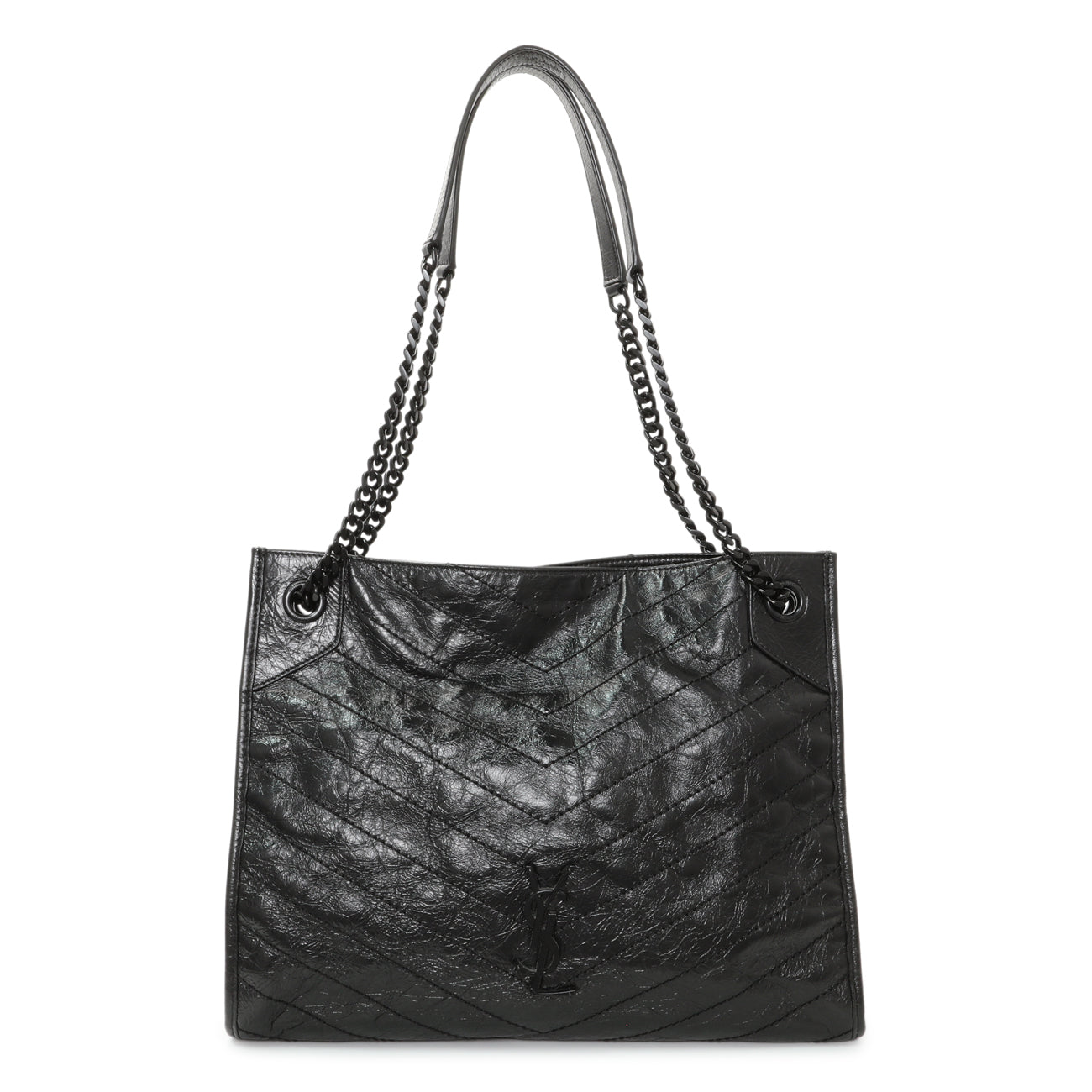 Exclusive Saint Laurent Black Crinkled Calfskin Matelasse Monogram Medium Niki Shopper — Front View