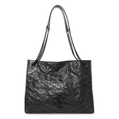 Exclusive Saint Laurent Black Crinkled Calfskin Matelasse Monogram Medium Niki Shopper — Front View