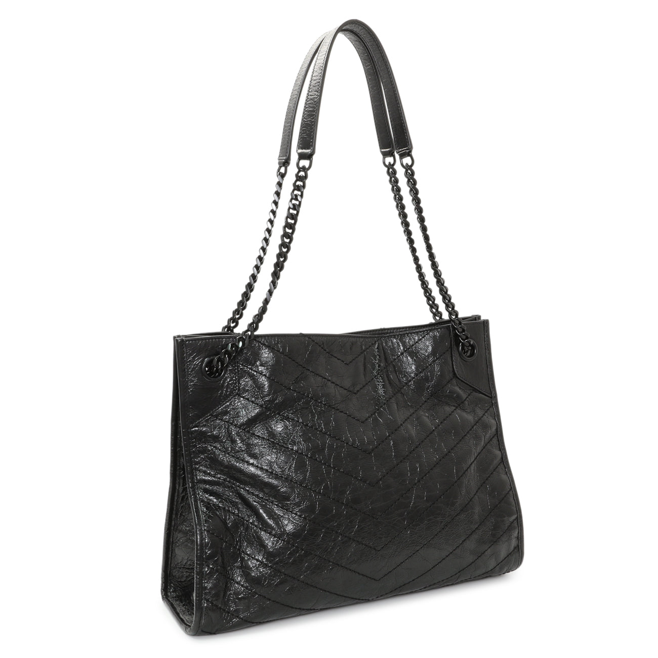 Exclusive Saint Laurent Black Crinkled Calfskin Matelasse Monogram Medium Niki Shopper — Side View