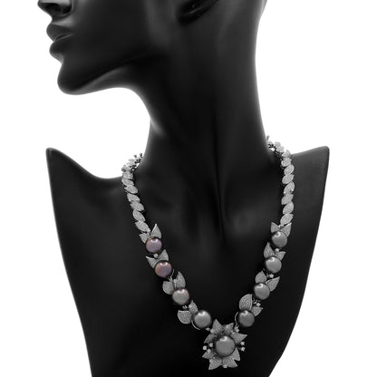 Exclusive 18K White Gold Tahitian Pearl Blossom Diamond Necklace — Back View