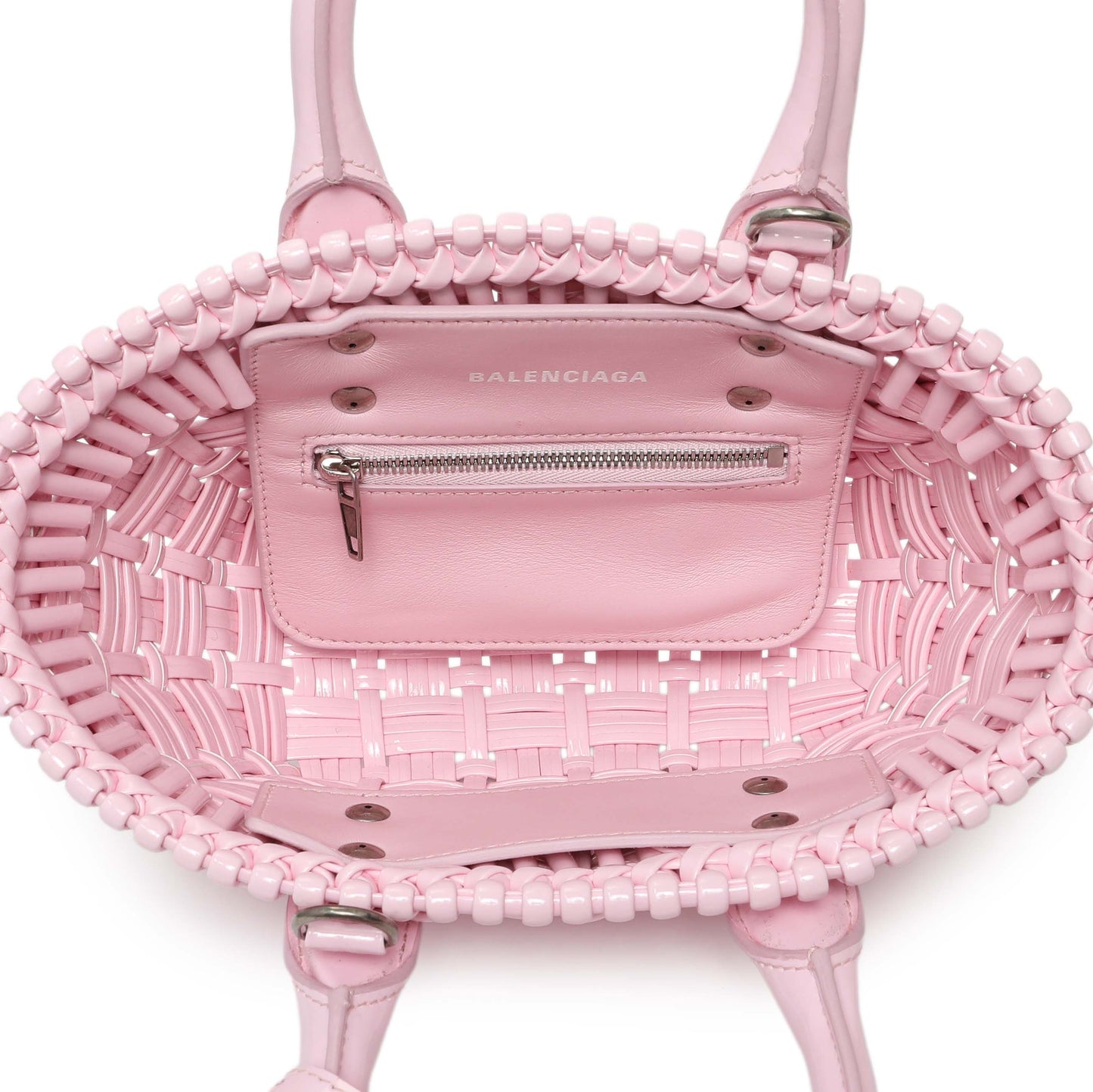 Exclusive Balenciaga Pink Faux Calfskin Braided Varnished XXS Bistro Basket — Top View