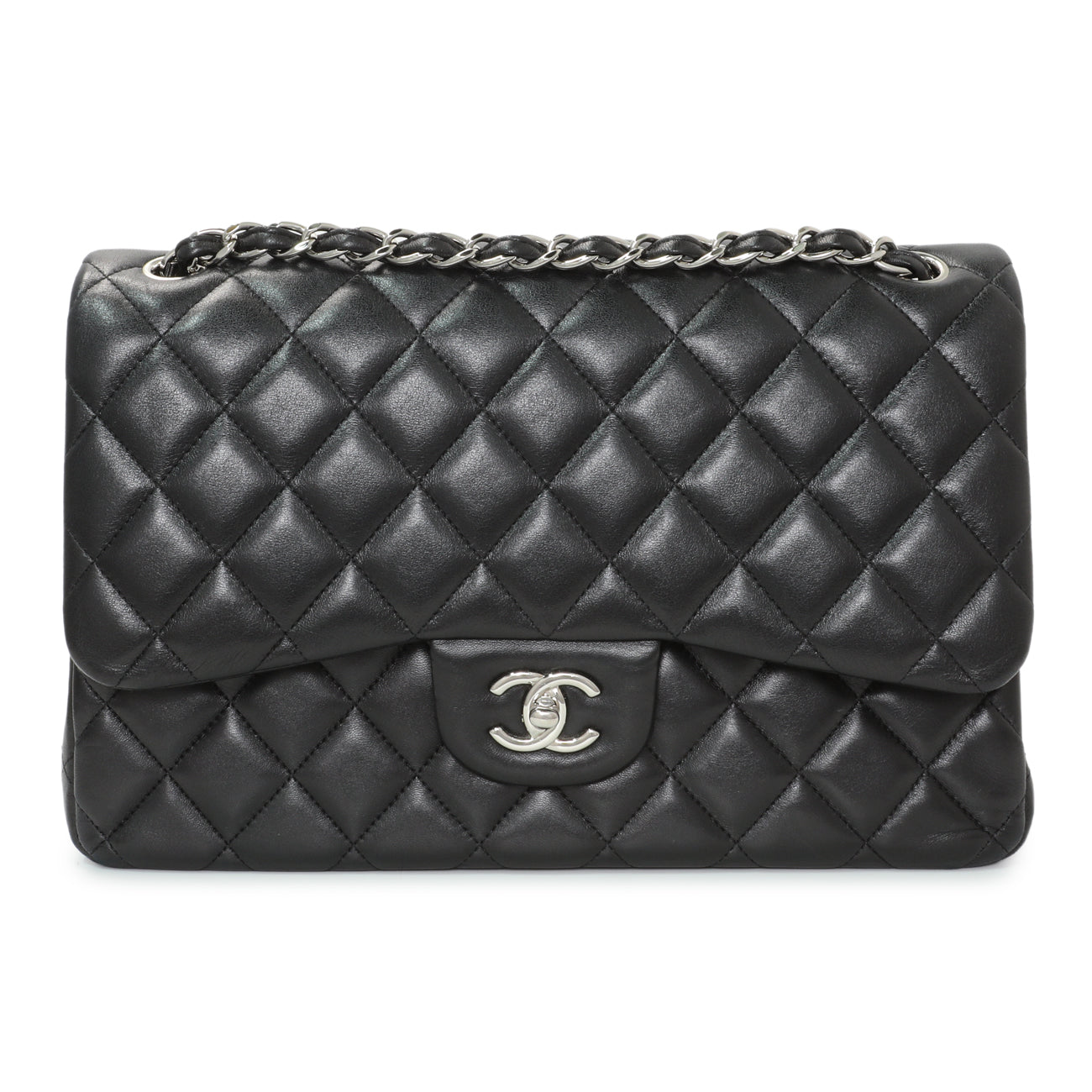 Exclusive Chanel Black Quilted Lambskin Jumbo Double Flap — Front View
