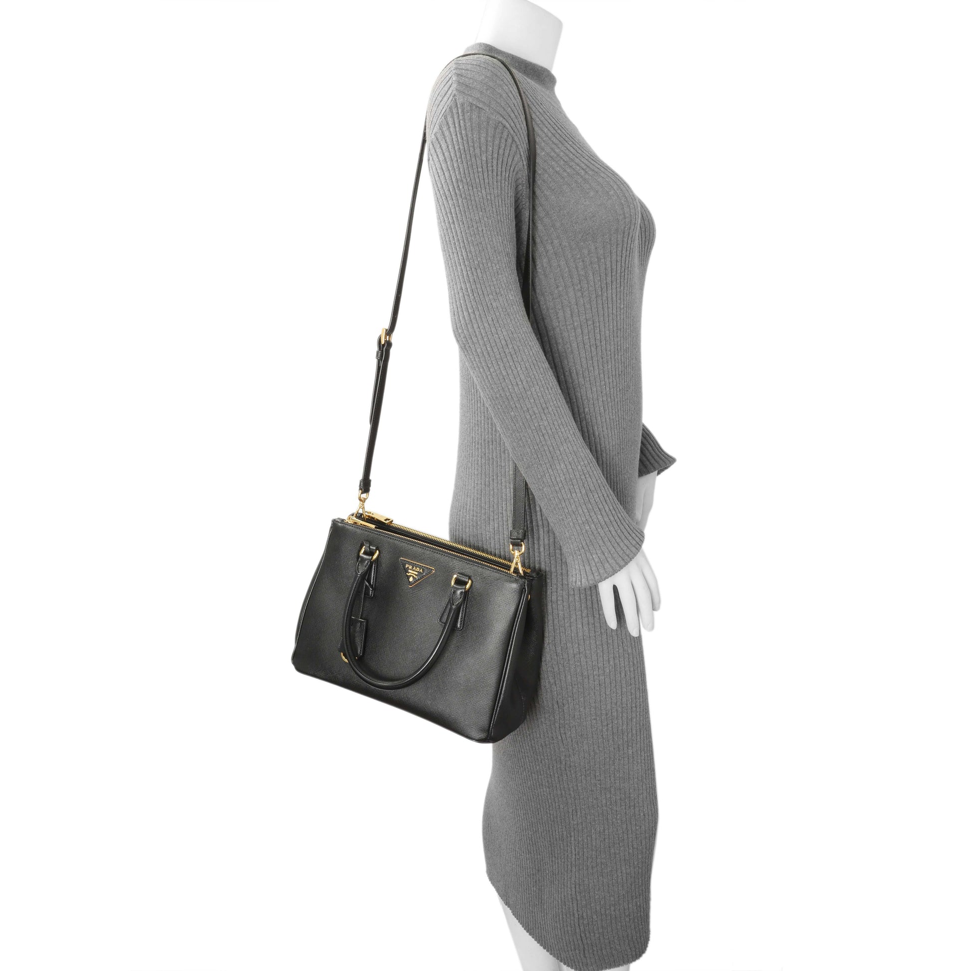 Exclusive Prada Black Saffiano Small Galleria Double Zip Tote — Lifestyle View