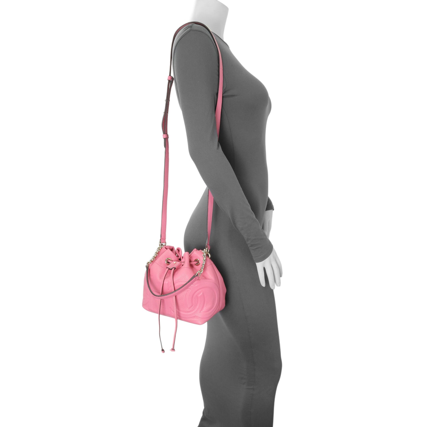 Exclusive Jimmy Choo Pink Juno Leather Bucket Bag — Lifestyle View