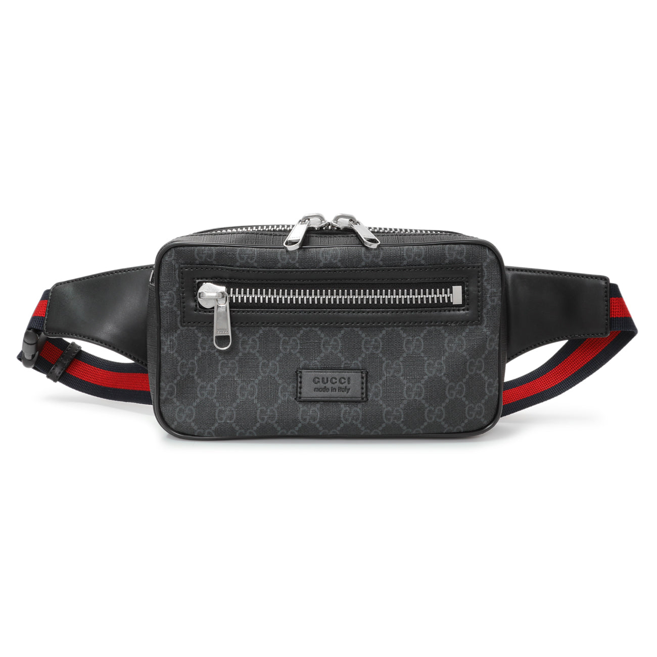 Exclusive Gucci Black Soft GG Supreme Monogram Web Belt Bag — Front View