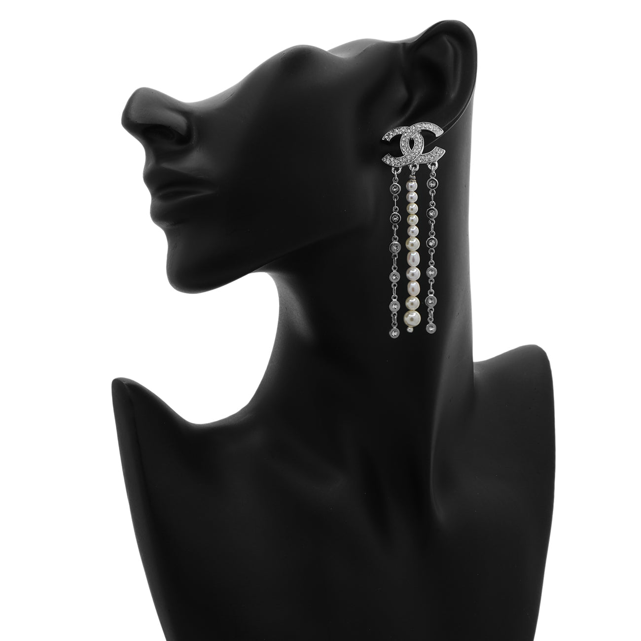 Exclusive Chanel CC Pearl Crystal Drop Earrings — Back View
