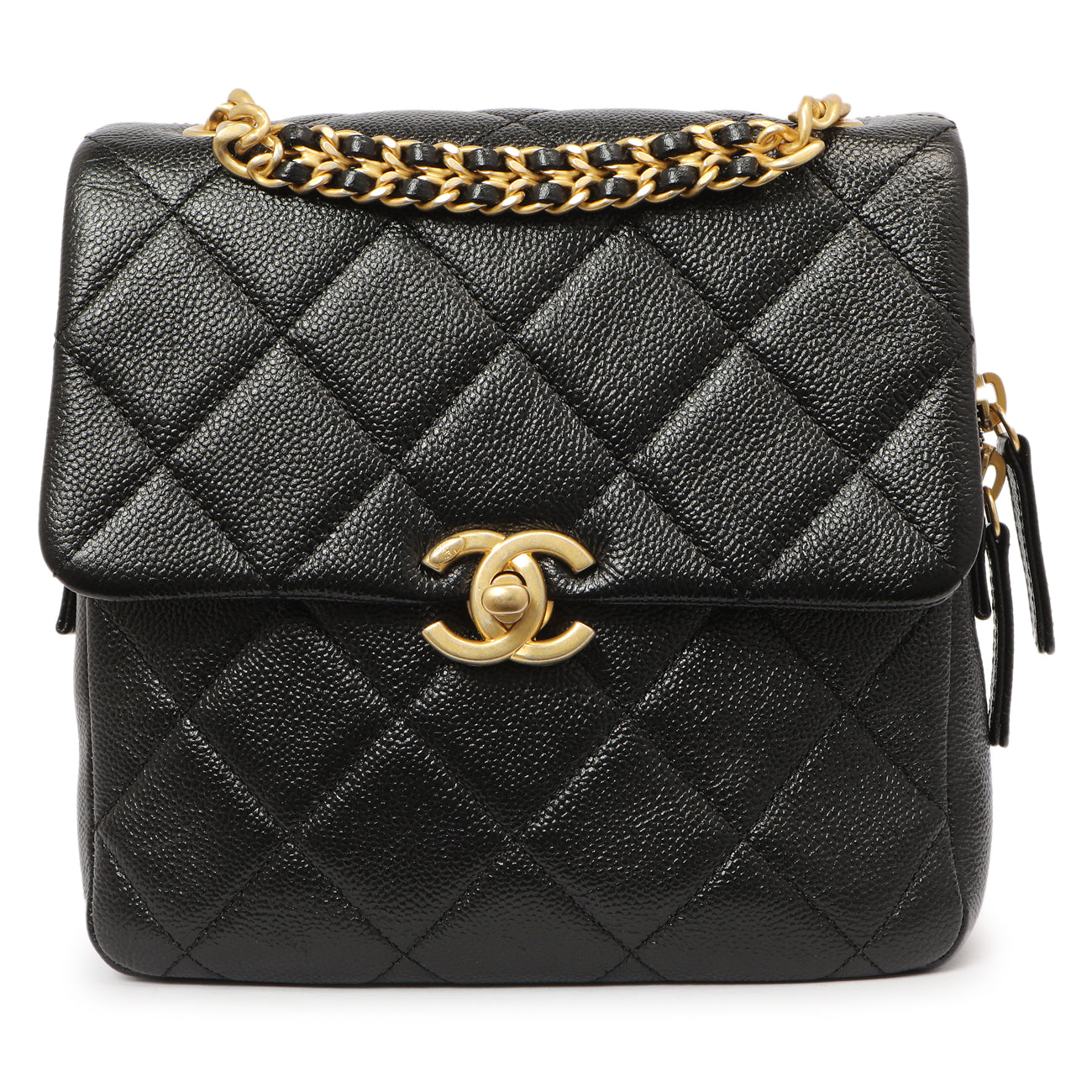 Exclusive Chanel Quilted Black Caviar Chain Melody Backpack — Front View
