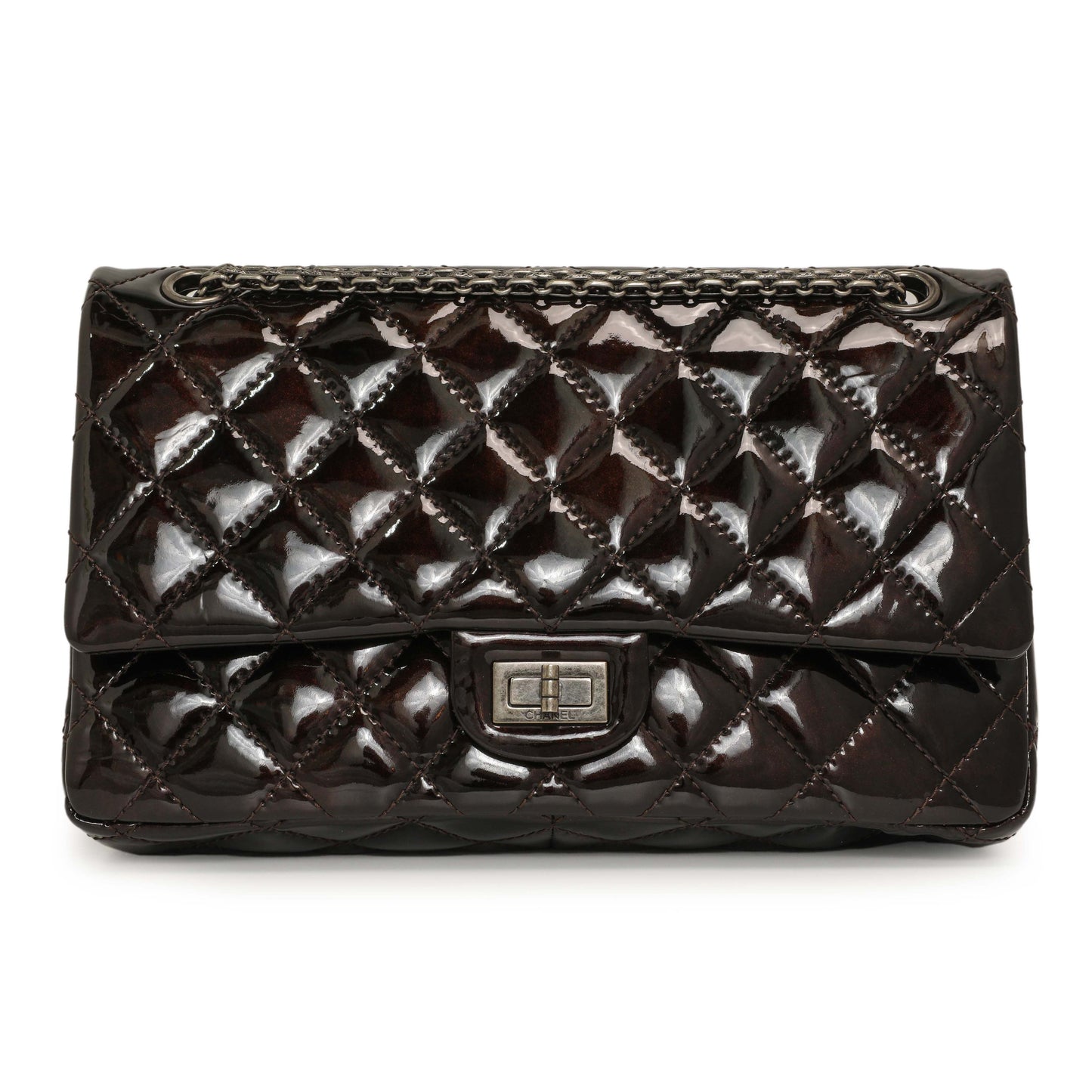 Exclusive Chanel Metallic Brown Quilted Patent 2.55 Reissue 226 — Front View
