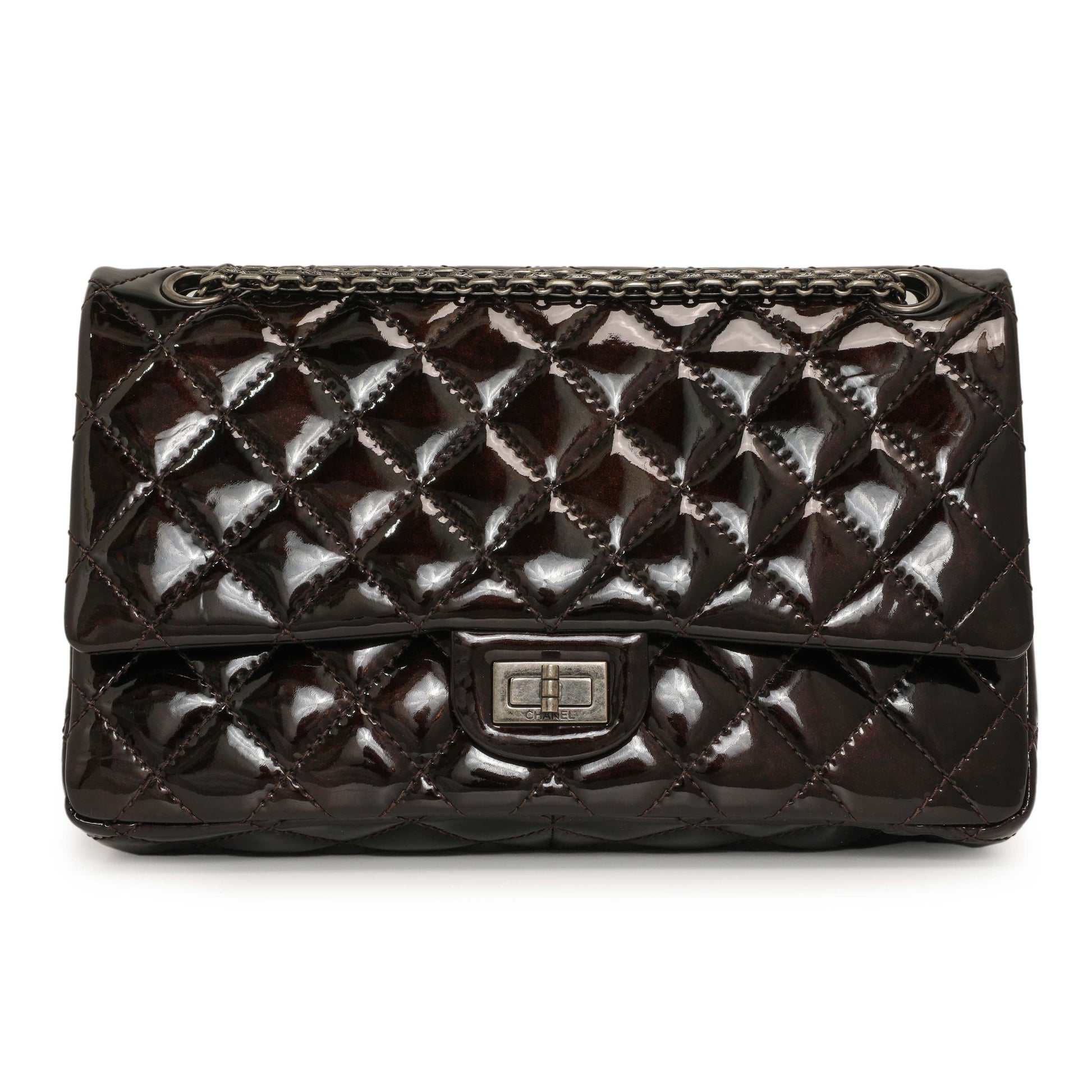 Exclusive Chanel Metallic Brown Quilted Patent 2.55 Reissue 226 — Front View
