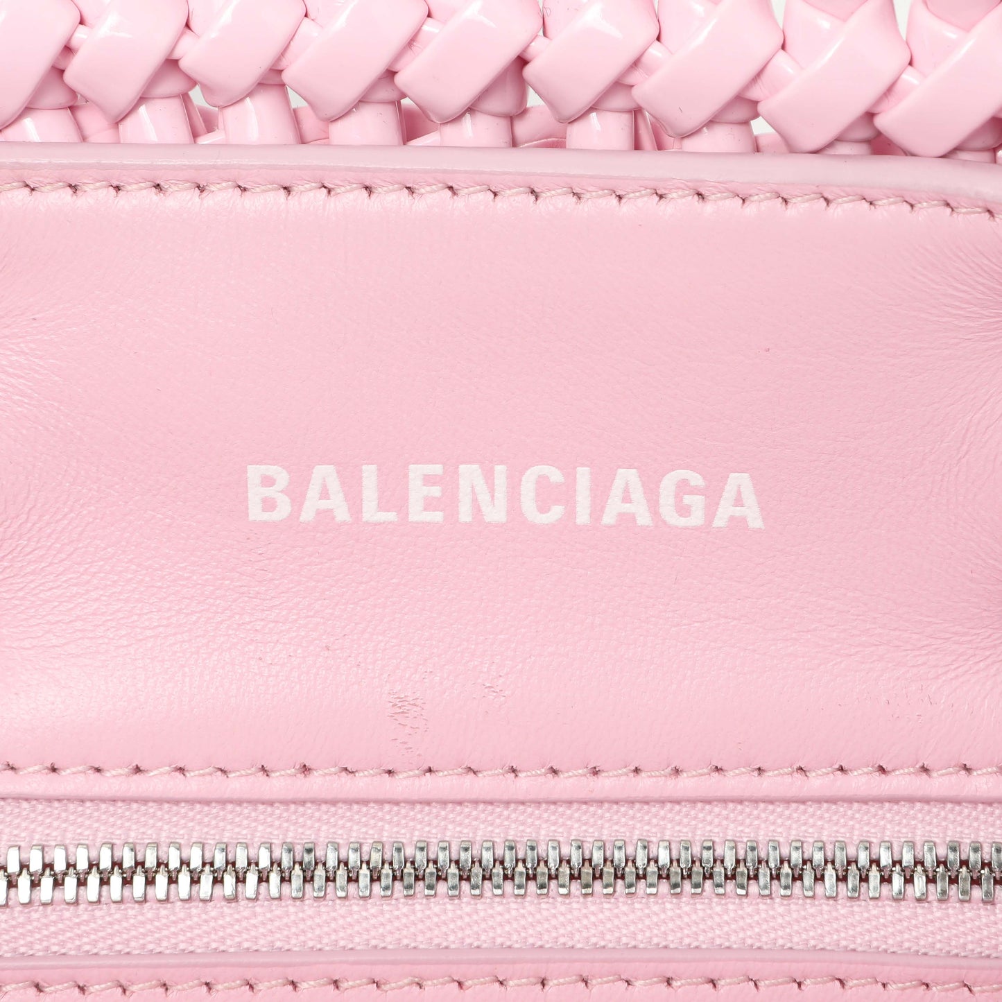 Exclusive Balenciaga Pink Faux Calfskin Braided Varnished XXS Bistro Basket — Detail View