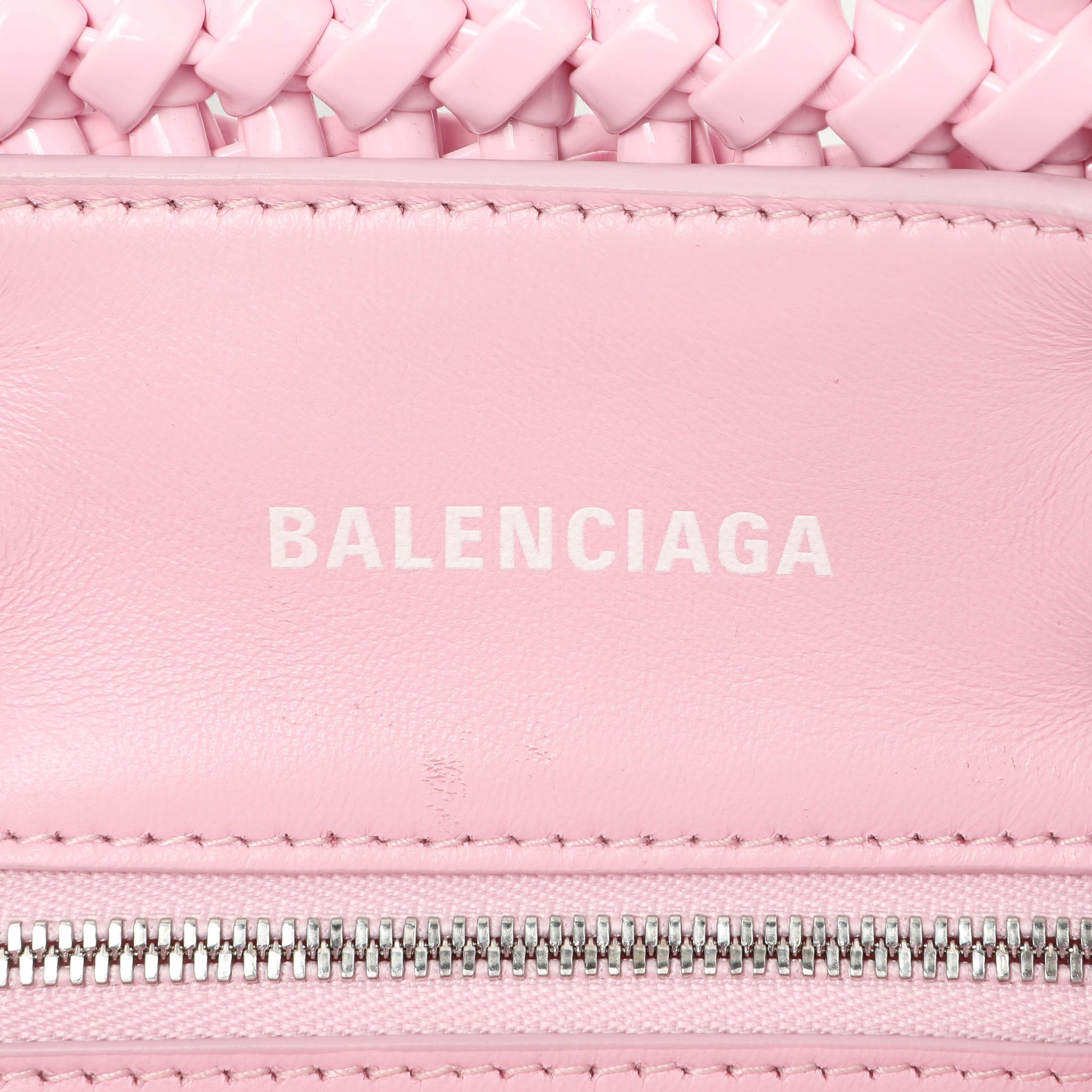 Exclusive Balenciaga Pink Faux Calfskin Braided Varnished XXS Bistro Basket — Detail View
