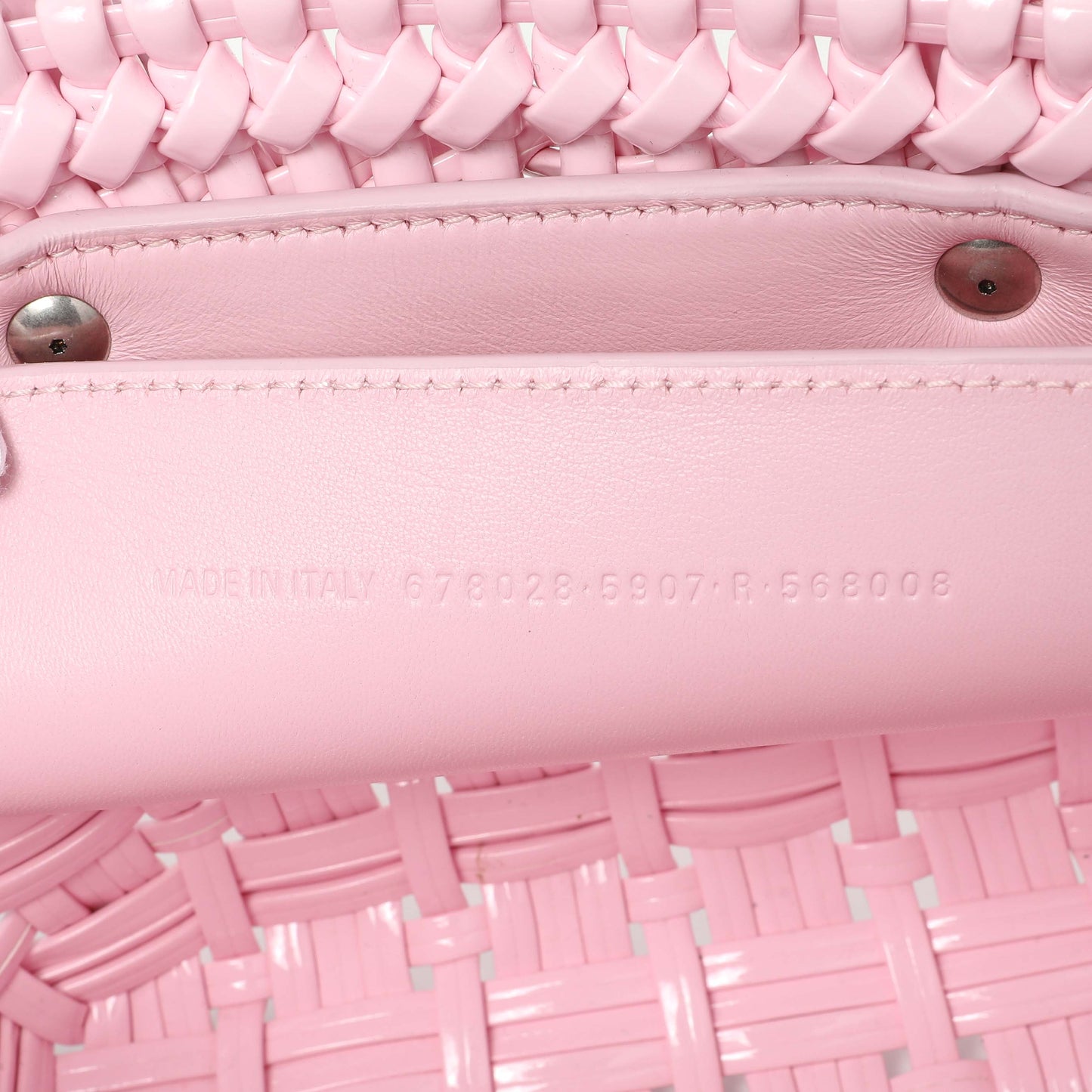 Exclusive Balenciaga Pink Faux Calfskin Braided Varnished XXS Bistro Basket — Lifestyle View