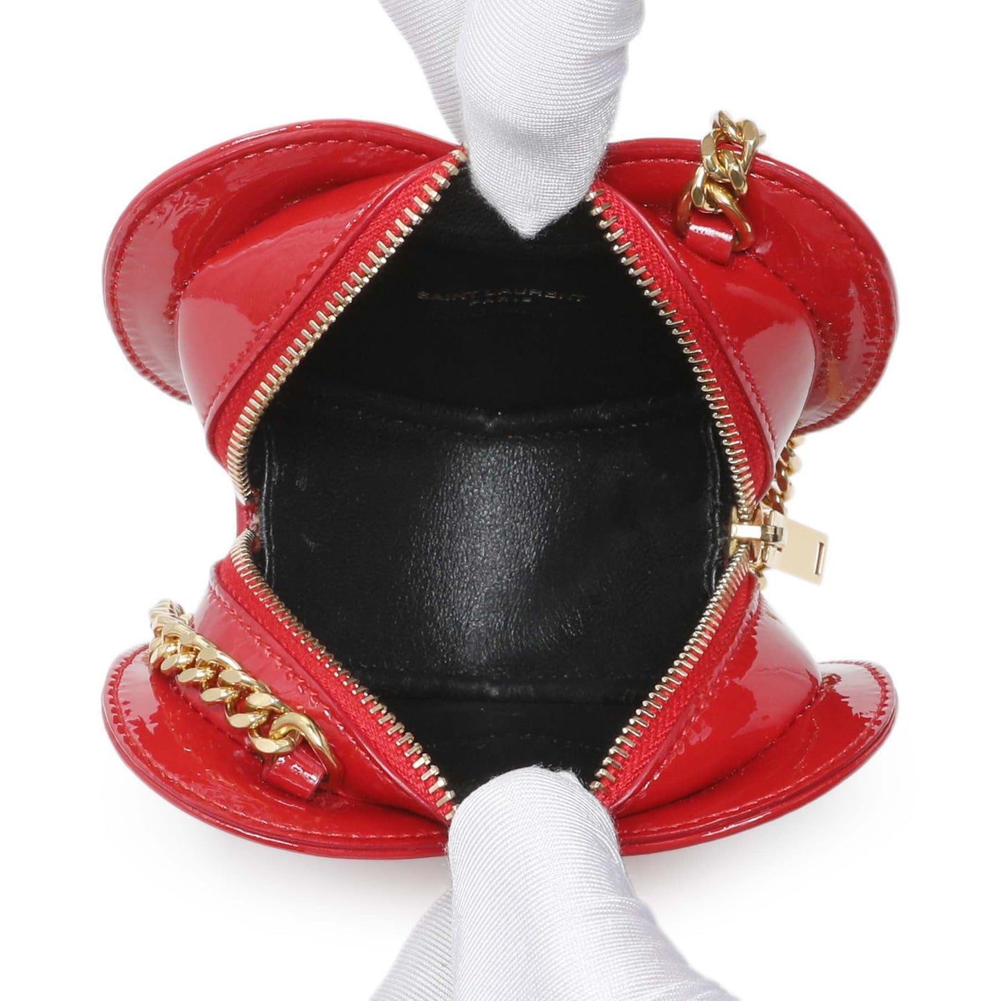 Exclusive Saint Laurent Red Patent Mini Heart Chain Bag — Detail View