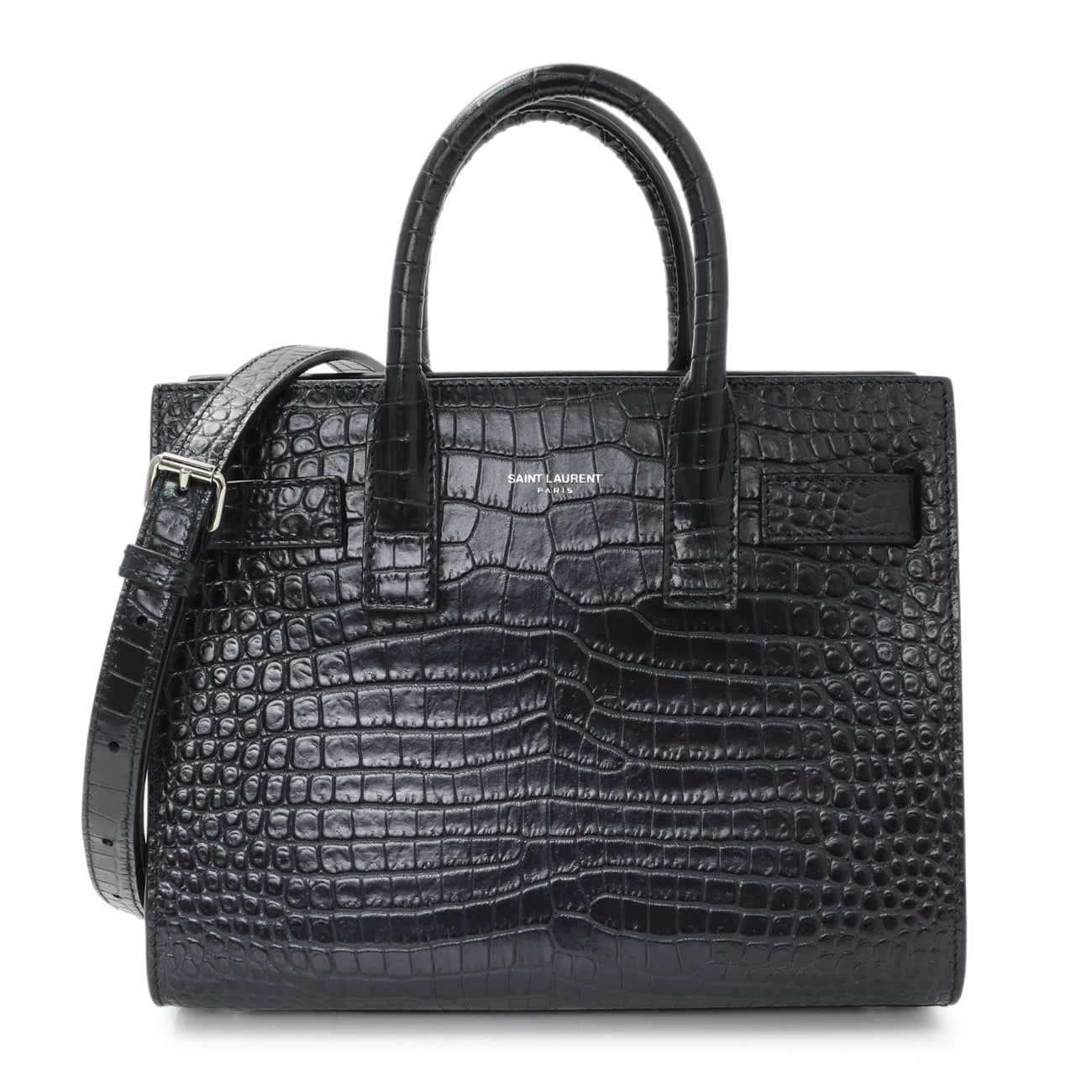 Exclusive Saint Laurent Calfskin Crocodile Embossed Nano Sac De Jour — Front View