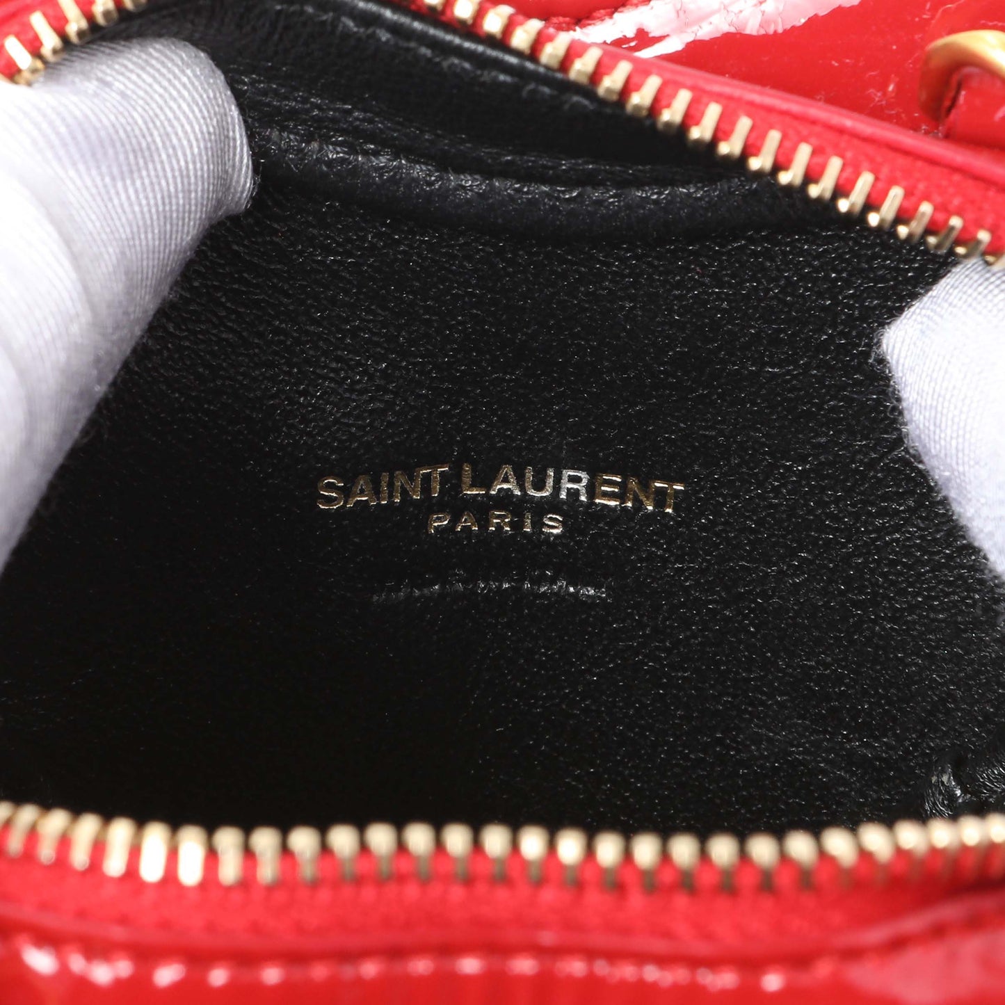 Exclusive Saint Laurent Red Patent Mini Heart Chain Bag — Lifestyle View