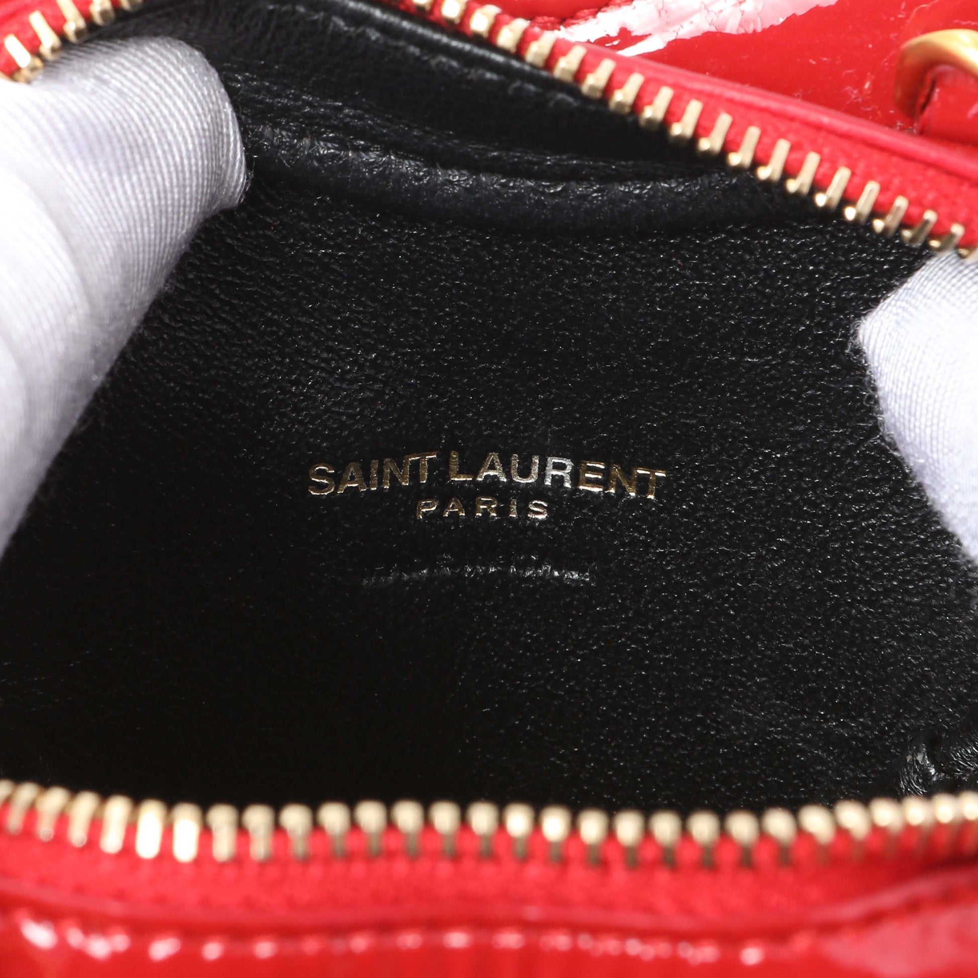 Exclusive Saint Laurent Red Patent Mini Heart Chain Bag — Lifestyle View