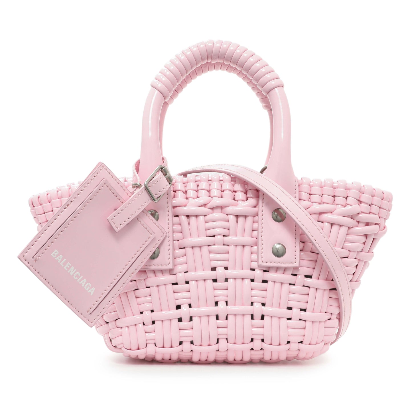 Exclusive Balenciaga Pink Faux Calfskin Braided Varnished XXS Bistro Basket — Front View