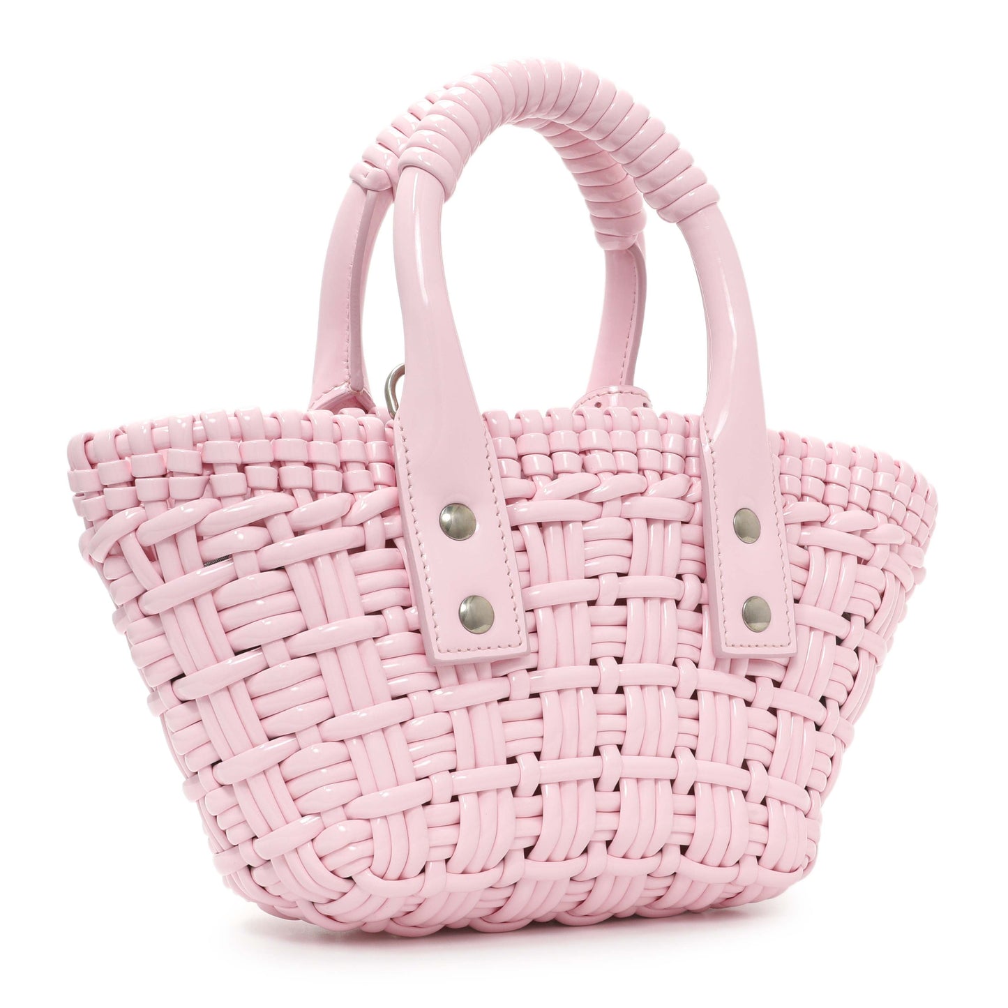 Exclusive Balenciaga Pink Faux Calfskin Braided Varnished XXS Bistro Basket — Side View