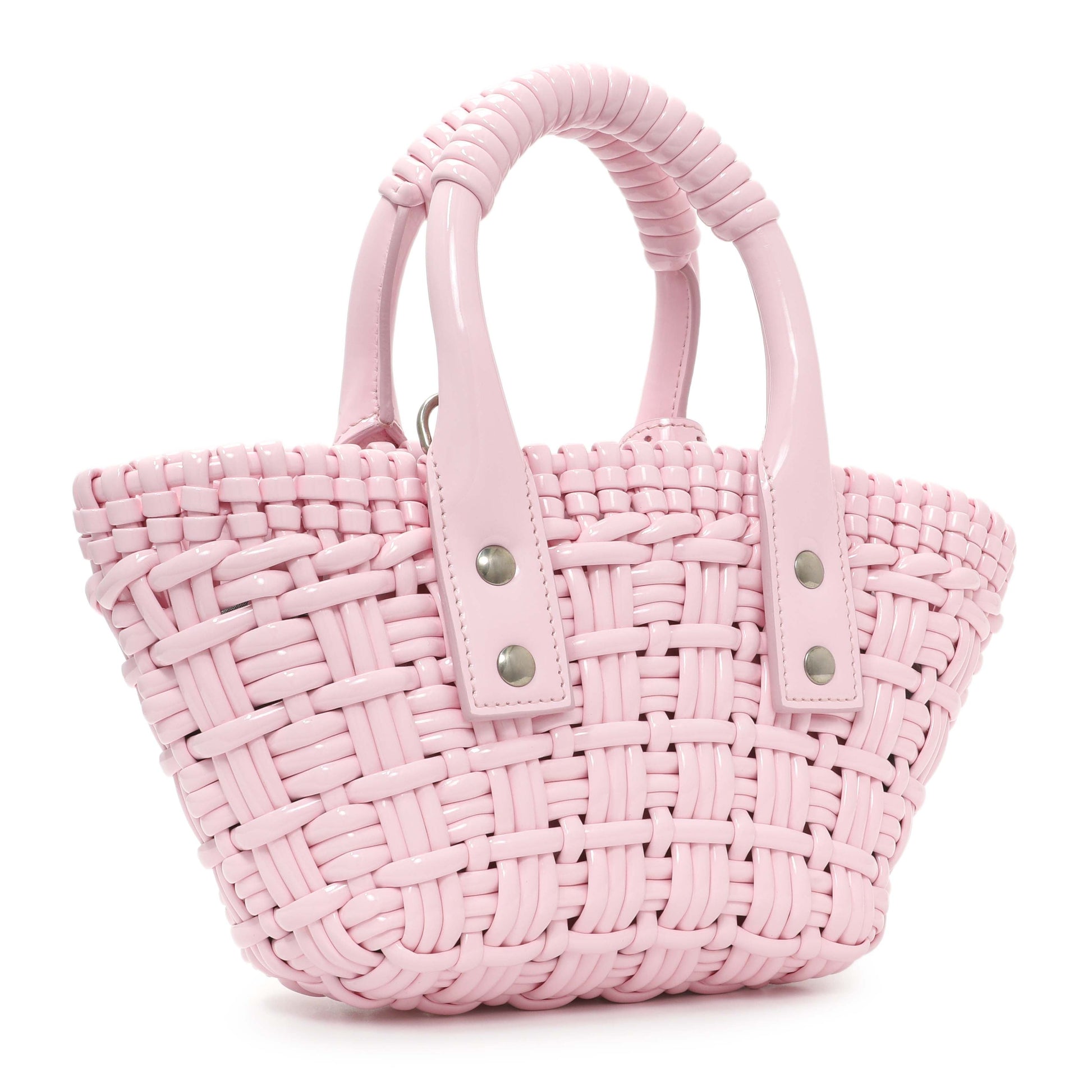 Exclusive Balenciaga Pink Faux Calfskin Braided Varnished XXS Bistro Basket — Side View