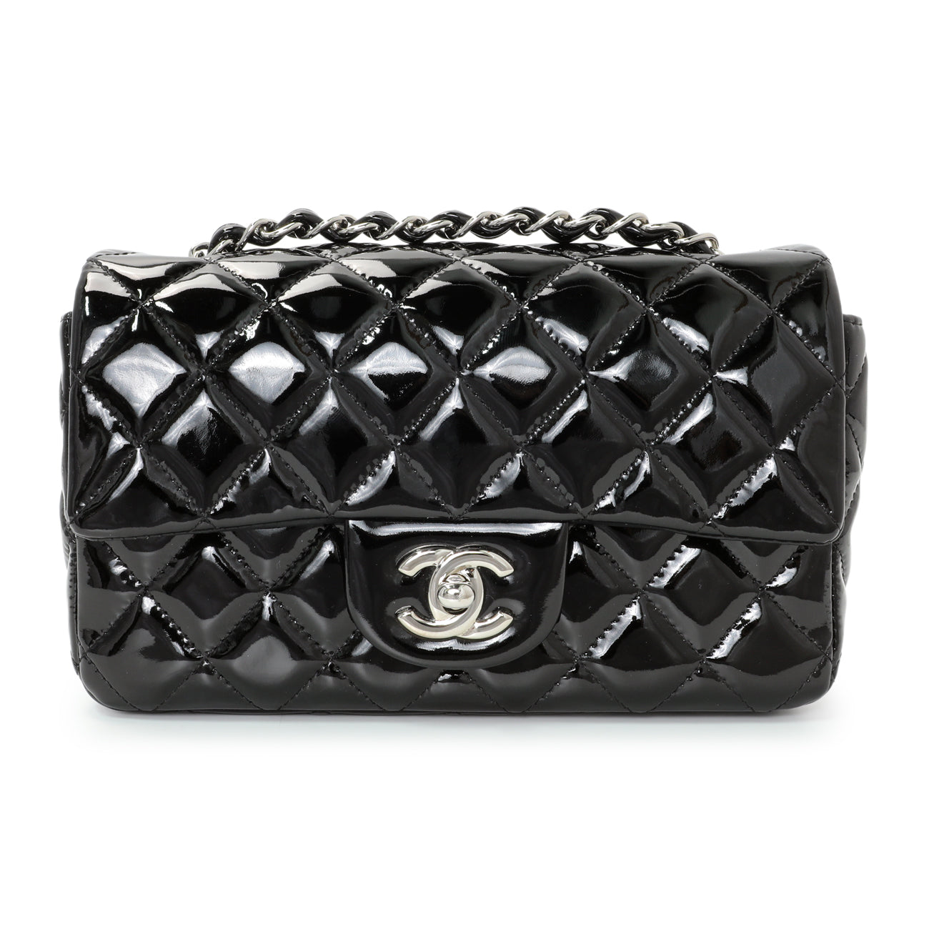 Exclusive Chanel Black Quilted Patent Mini Rectangular Flap — Front View