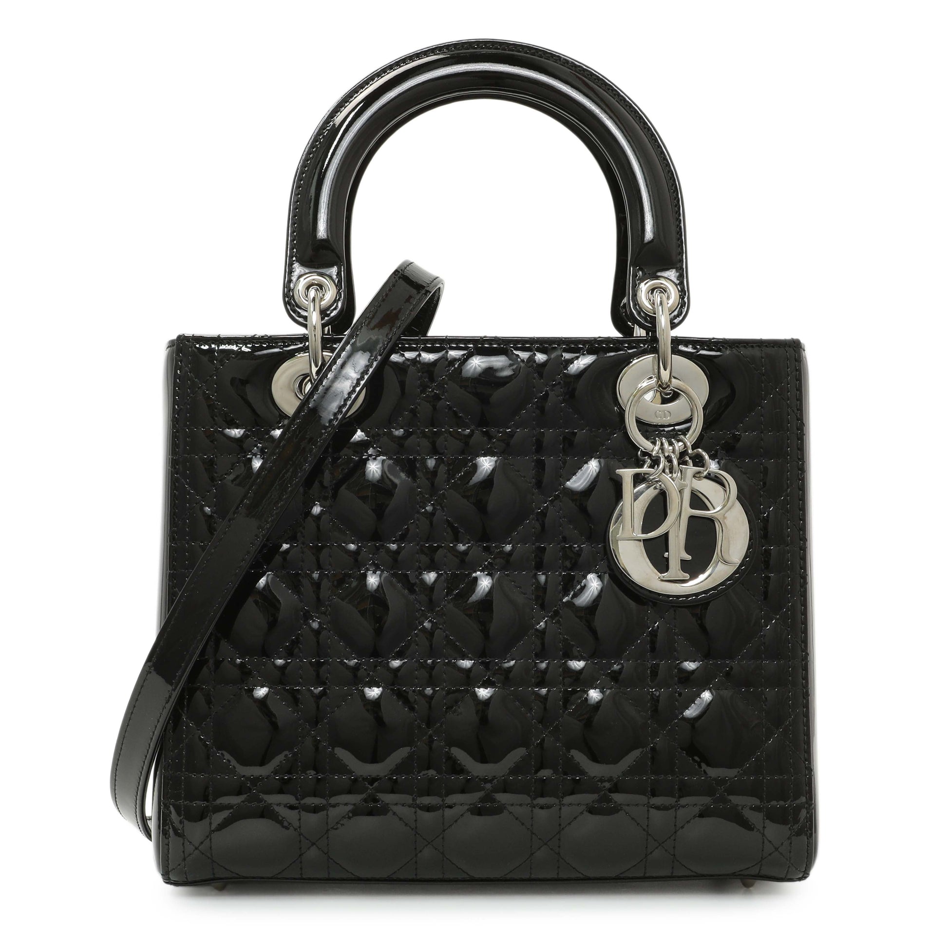Exclusive Christian Dior Black Patent Cannage Medium Lady Dior — Front View