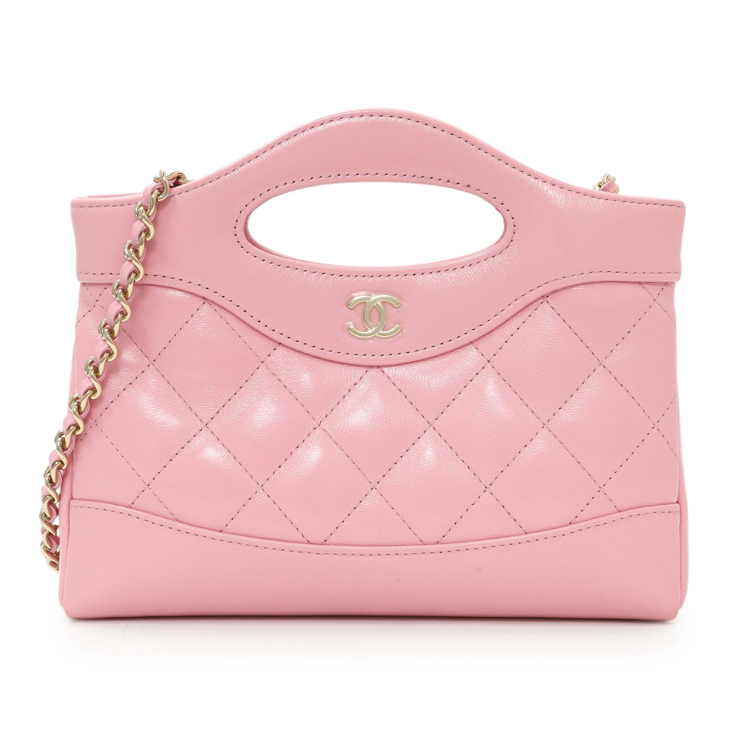 Exclusive Chanel Pink Shiny Crumpled Calfskin Quilted Nano 31 Shopping Bag — Front View