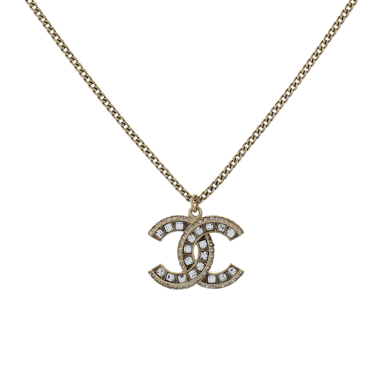 Exclusive Chanel Gold Crystal CC Pendant Necklace — Front View